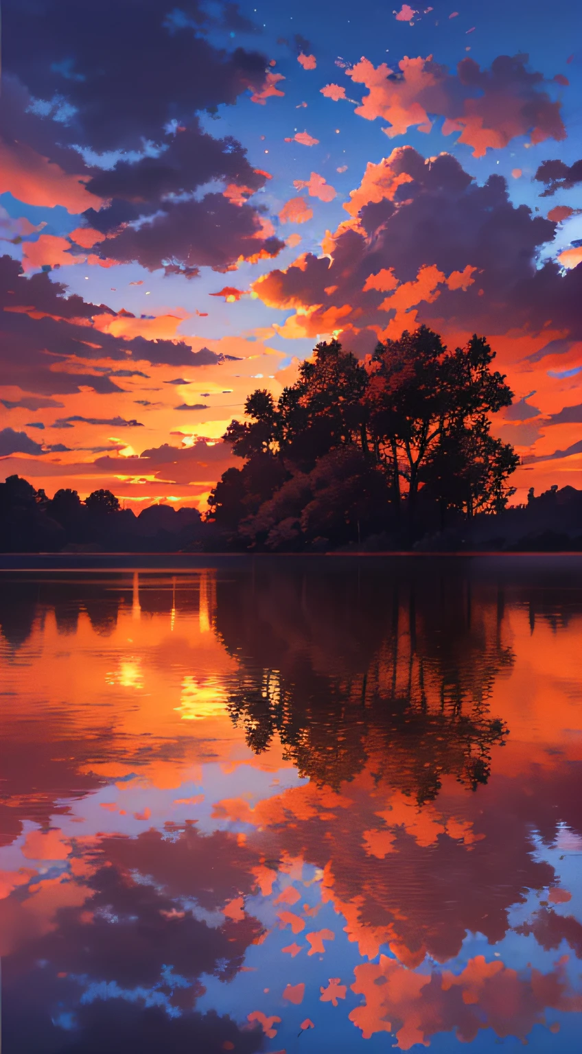 there is a beautiful sunset with a lake and trees in the background, colorful skies, surreal colors, colorful sunset, colorful sky, marvellous reflection of the sky, stunning sky, dream like atmosphere 8k, colorful clouds, colors reflecting on lake, surreal sky, red and blue reflections, fire reflection, beautiful sky, beautiful and spectacular dusk, beautiful dreamy landscape, amazing sky