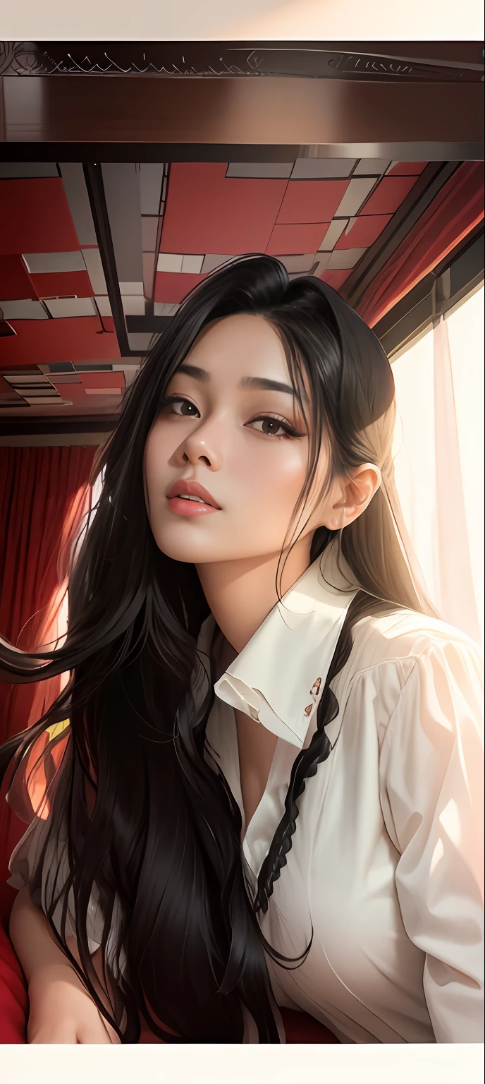 there is a woman with long black hair sitting on a bed, nivanh chanthara, dang my linh, 30 years old woman, 3 0 years old woman, lovely woman, in style of lam manh, south east asian with round face, an asian woman, 2 , south east asian with long, anime thai girl