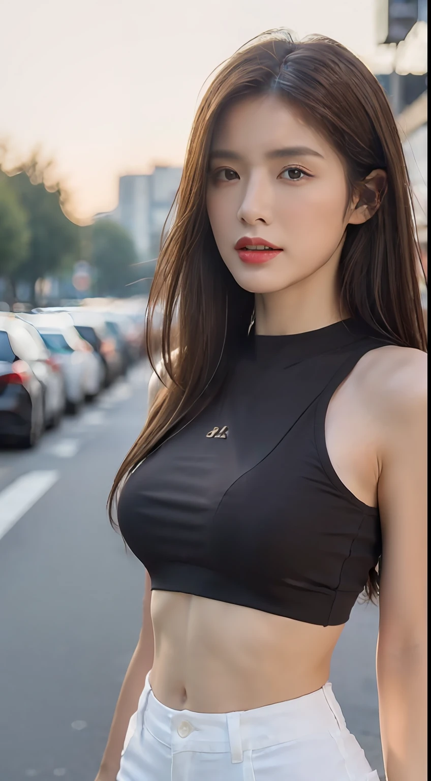 ((Realistic lighting, Best quality, 8K, Masterpiece: 1.3)), Clear focus: 1.2, 1girl, Perfect Figure: 1.4, Slim Abs: 1.1, ((Dark brown hair)), (White crop top: 1.4), (Outdoor, Night: 1.1), City streets, Super fine face, Fine eyes, Double eyelids,