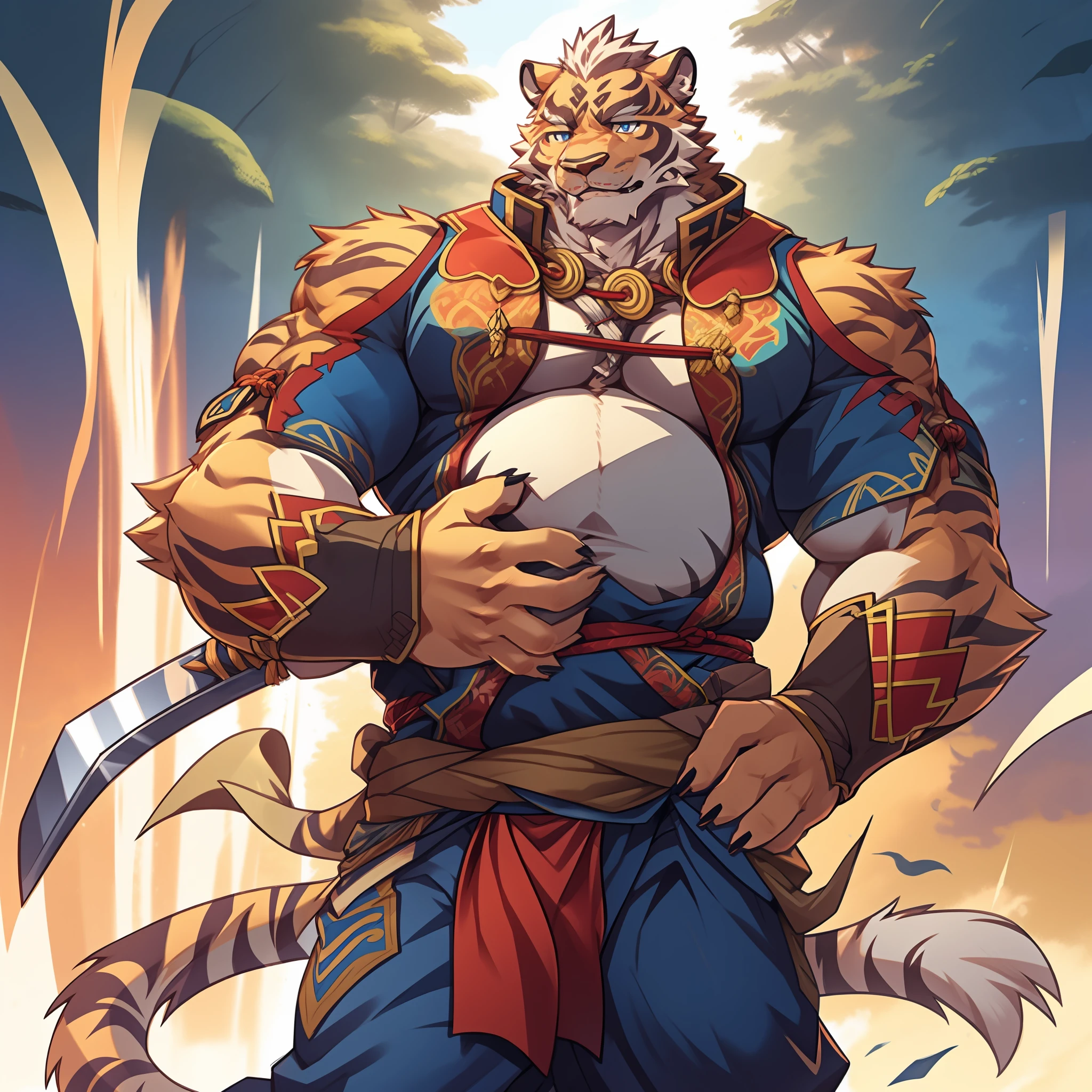 Lin Hu，musculature，tit，Fat Chubby，Wear a katana，potbelly，Plump and firm，Huge protrusions on the lower body，Wear a katana，Samurai style，carrying swords on his back，Five fingers，byself，Put your hands in your pockets