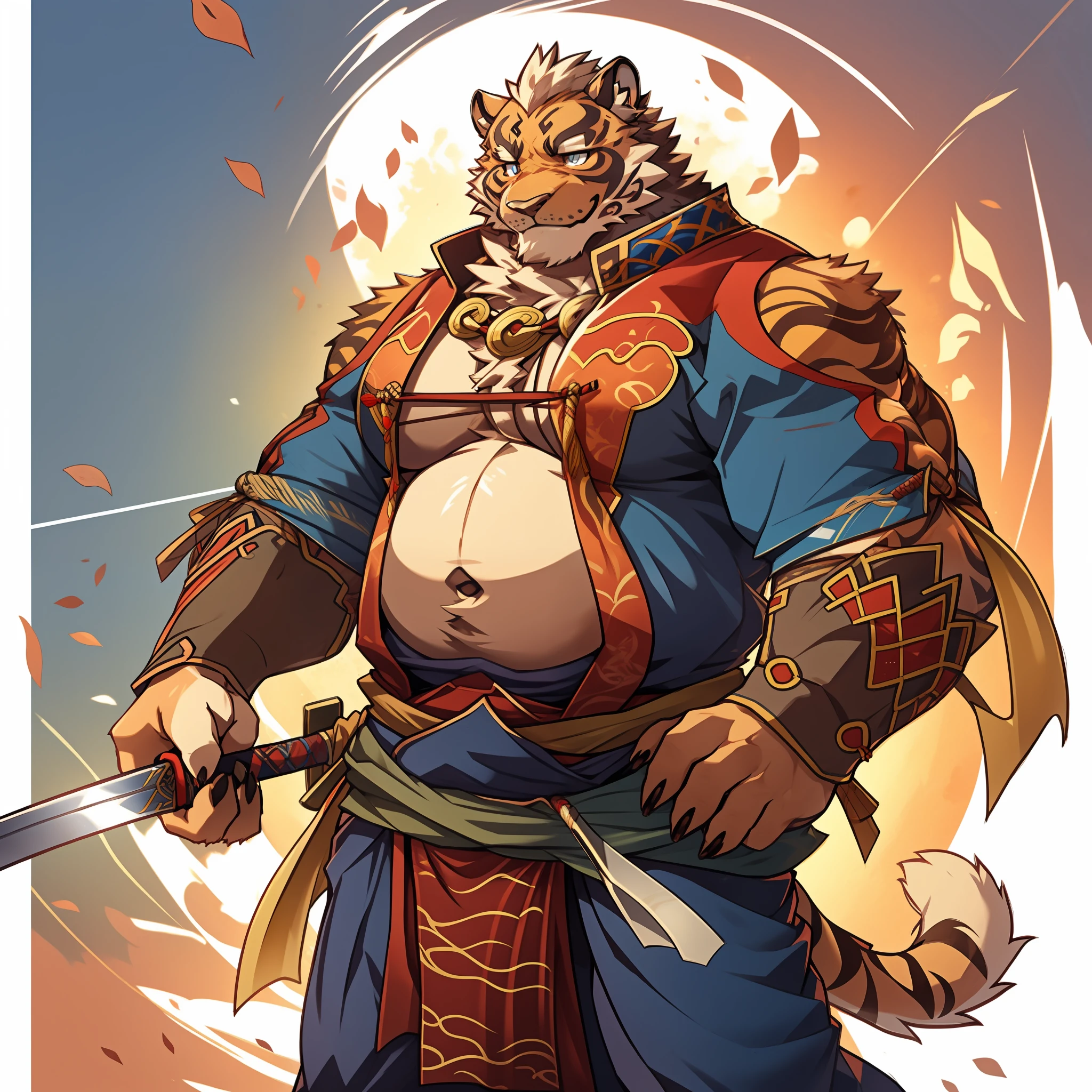 Lin Hu,musculature,tit,Fat Chubby,Wear a katana,potbelly,Plump and firm,Huge protrusions on the lower body,Wear a katana,Samurai style,carrying swords on his back,Five fingers,byself,Put your hands in your pockets