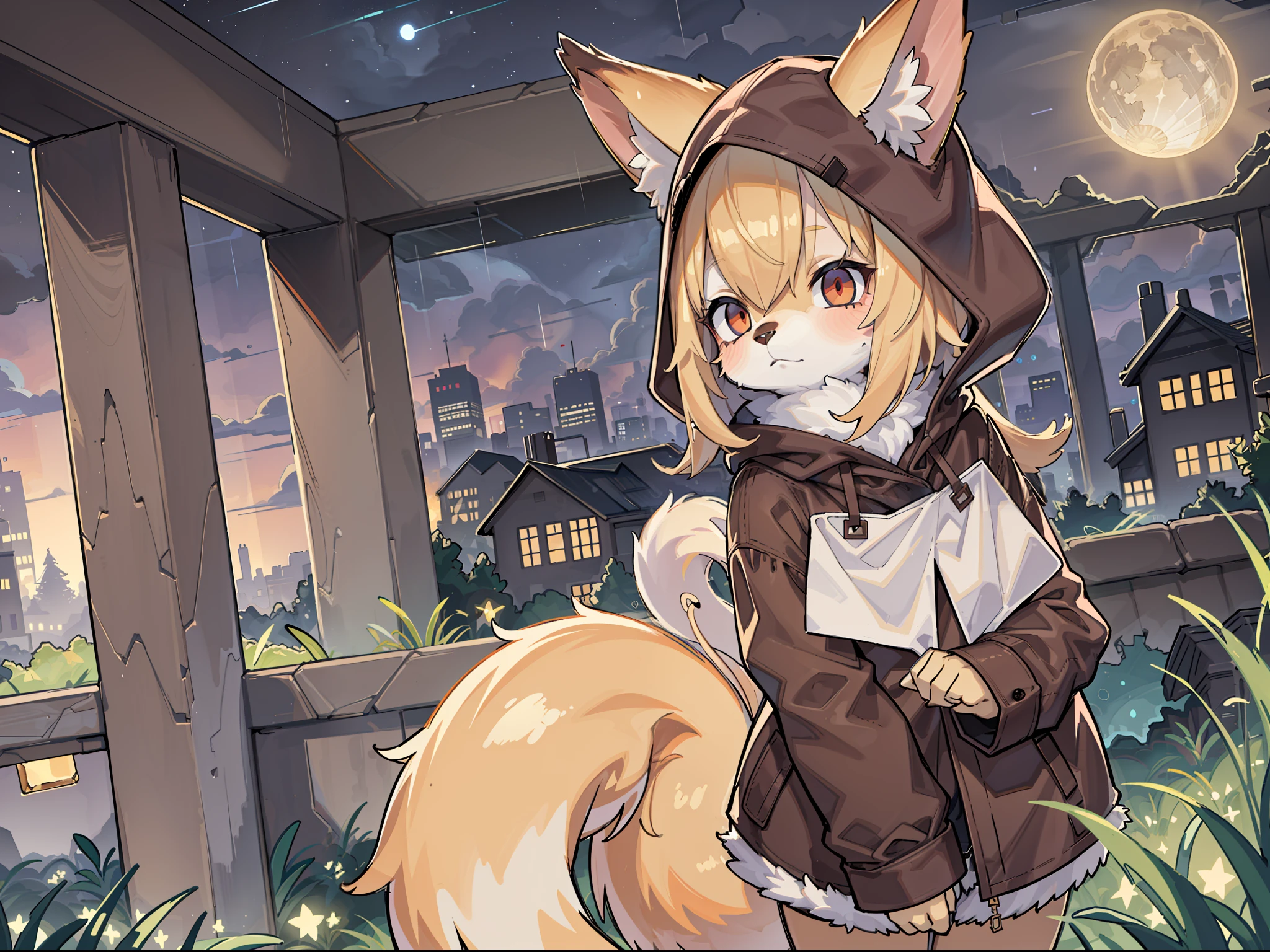 Shota the fox，hairy pubic，shaggy，Skin fur，Golden fur，Golden yellow face fur,Short straight blonde hair，Eyes have light，Red eyes，Brown elements on fur，Brown coat brown hood up，Star pattern white top，brown shorts，Beautiful lights and shadows，Ambient light，Ultra-fine fur，volumettic light,natural  lightting，Fluffy tail，Dilapidated building，Plant elements in ruins，lichen，There is no other life，Night，starrysky，Vast landscape，crossed bangs, Hairline, Shiny hair, lone nape hair, ，Dilated pupils，Sleepy，（moon full：1.2），（meteors：0.9），（Starcloud：1.3）（Warm light source：1.2），Rained，wetclothes, (overcast sky, Standing downpour:1.1), Extra-long sleeves， Purple and orange，Complicated details，Volumetriclighting，Realist breakthrough（tmasterpiece：1.2）（best qualtiy），4K，Ultra-delicate，（Dynamic configuration：1.4），Highly detailed and colorful details，（Irridescent color ：1.2），（luminouslighting，Atmospheric lighting），dream magical，magic，（独奏：1.2）Glowing light,Empty eyes
