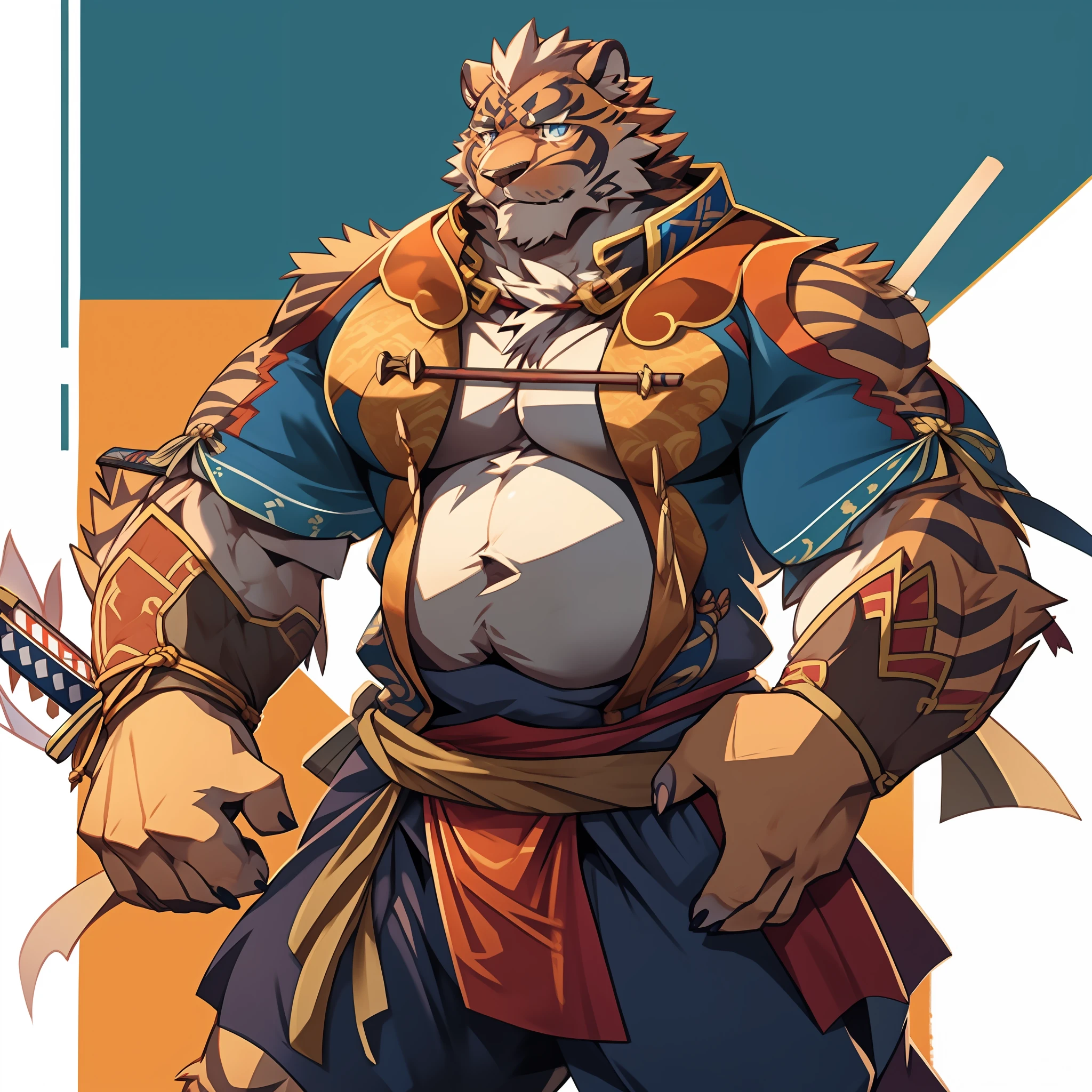 Lin Hu，musculature，tit，Fat Chubby，Wear a katana，potbelly，Plump and firm，Huge protrusions on the lower body，Wear a katana，Samurai style，carrying swords on his back，Five fingers，byself，Put your hands in your pockets