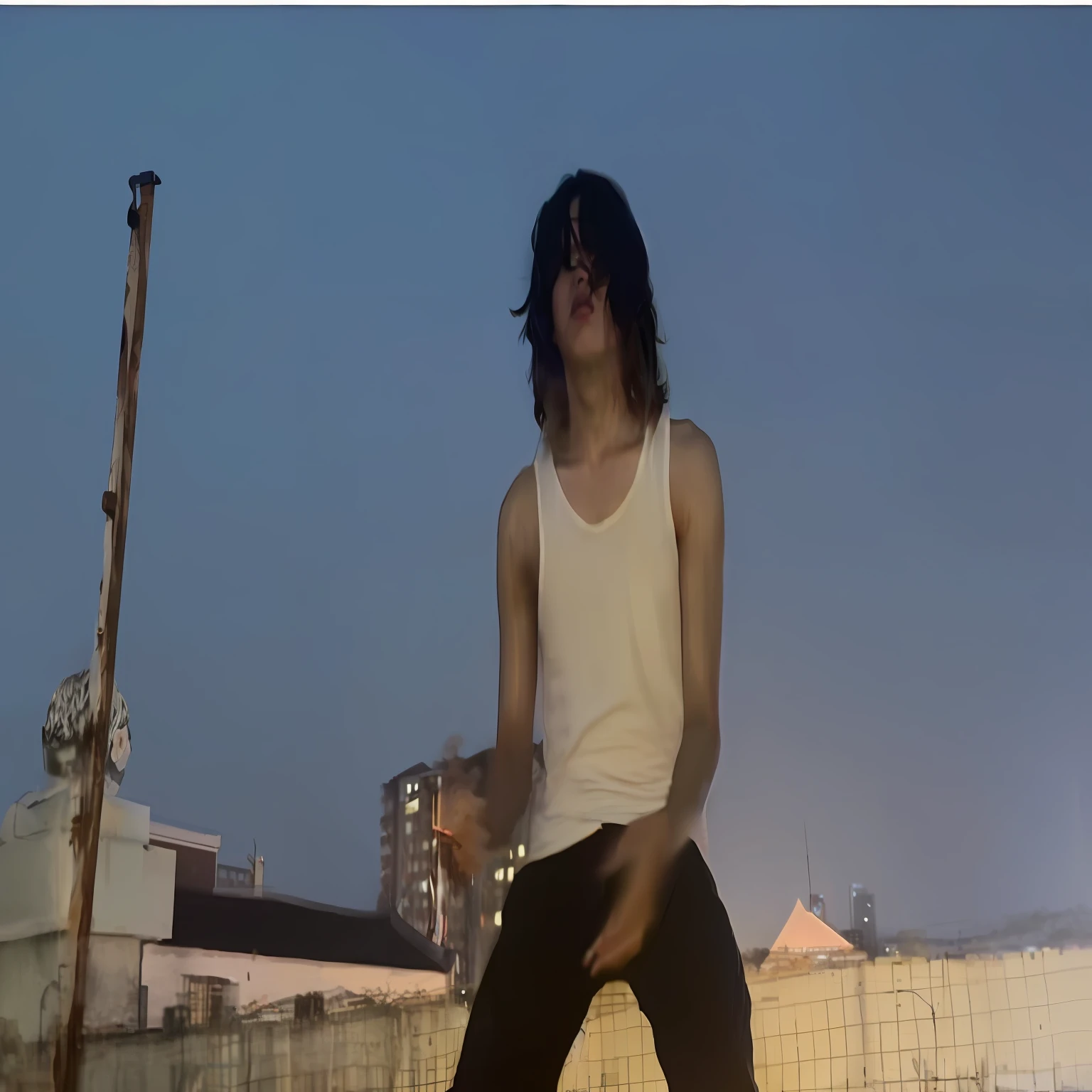 18-year-old boy,rapper,wearing a vest,handsome,brunette color hair,medium long curly hair,Ambient lighting,Open-mouthed,solo person,serious,sitted,Cigarette in his mouth,