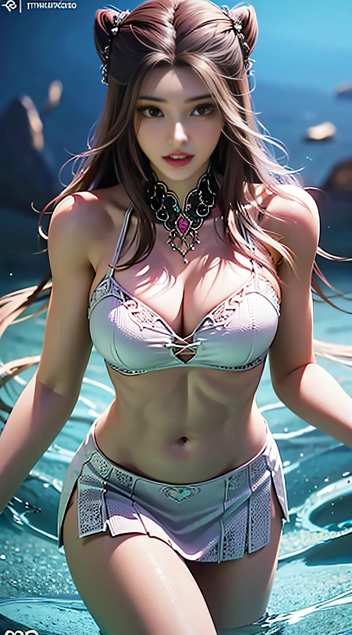((Dark light,top-quality,8K,tmasterpiece:1.3)),(In China,Casual theme,exteriors:1.tanding underwater,(Beauty with slender abs:1.4),((Layered Hair Style)),((White color blouse:1.6)), white lace skirt:1.3)),mediuml breasts,clenatomicaect,Highly Detailed Face and Skin Textur, Whitens the skin,water elemental,Light element,Perfect body proportion,Epic composition,