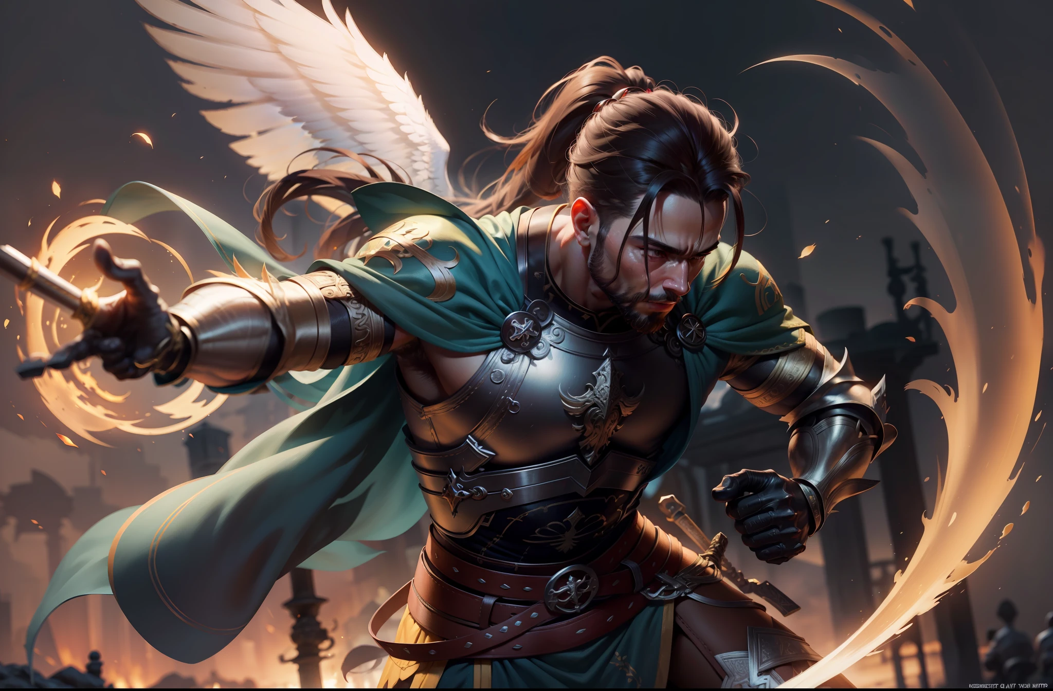 foto ultra realista homem anjo guerreiro, asas douradas, strong muscles, Fire sword in hand, lutando contra outro homem anjo guerreiro, musculos fortes, asas brancas e douradas, sword and fire shield in hand, octane rendering, 16k UHD, high details, super detail, best quality, 8k