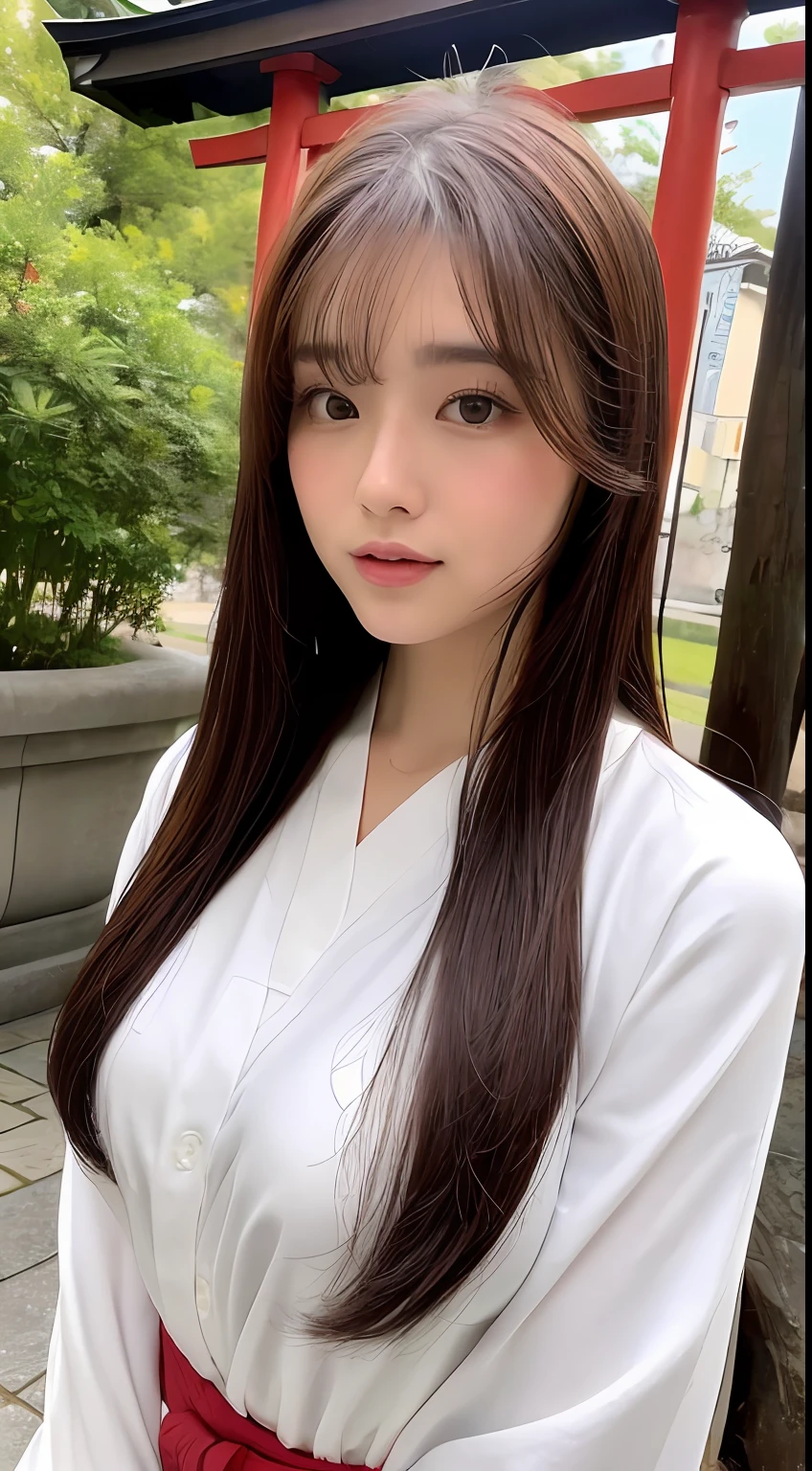 ((top-quality、8k、​masterpiece：1.3))、Crisp focus：1.2、Beautiful Women in Perfect Style：1.4、Shrine Torii、Miko clothes、red hakama、Slender abs：1.2、((Dark brown hair、huge tit：1.2))、(white  shirt:1.1)、Street:1.2、Highly detailed facial and skin texture、A detailed eye、二重まぶた、Fluffy breasts、de pele branca