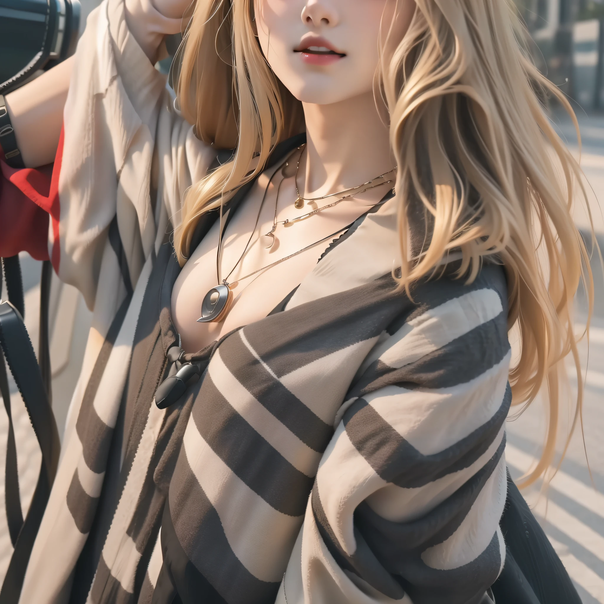 best quality, masterpiece, high_res, 1girl, hair ornament, necklace, jewelry, Beautiful face, upon body, tyndall effect, photo realistic, dark studio, rim lighting, two tone lighting, (high detailed skin:1.2), 8k uhd, dslr, soft lighting, high quality, volumetric lighting, candid, Photograph, high resolution, 4k, 8k, Bokeh, medium breasts, open fingers, (hair color:blonde:1)