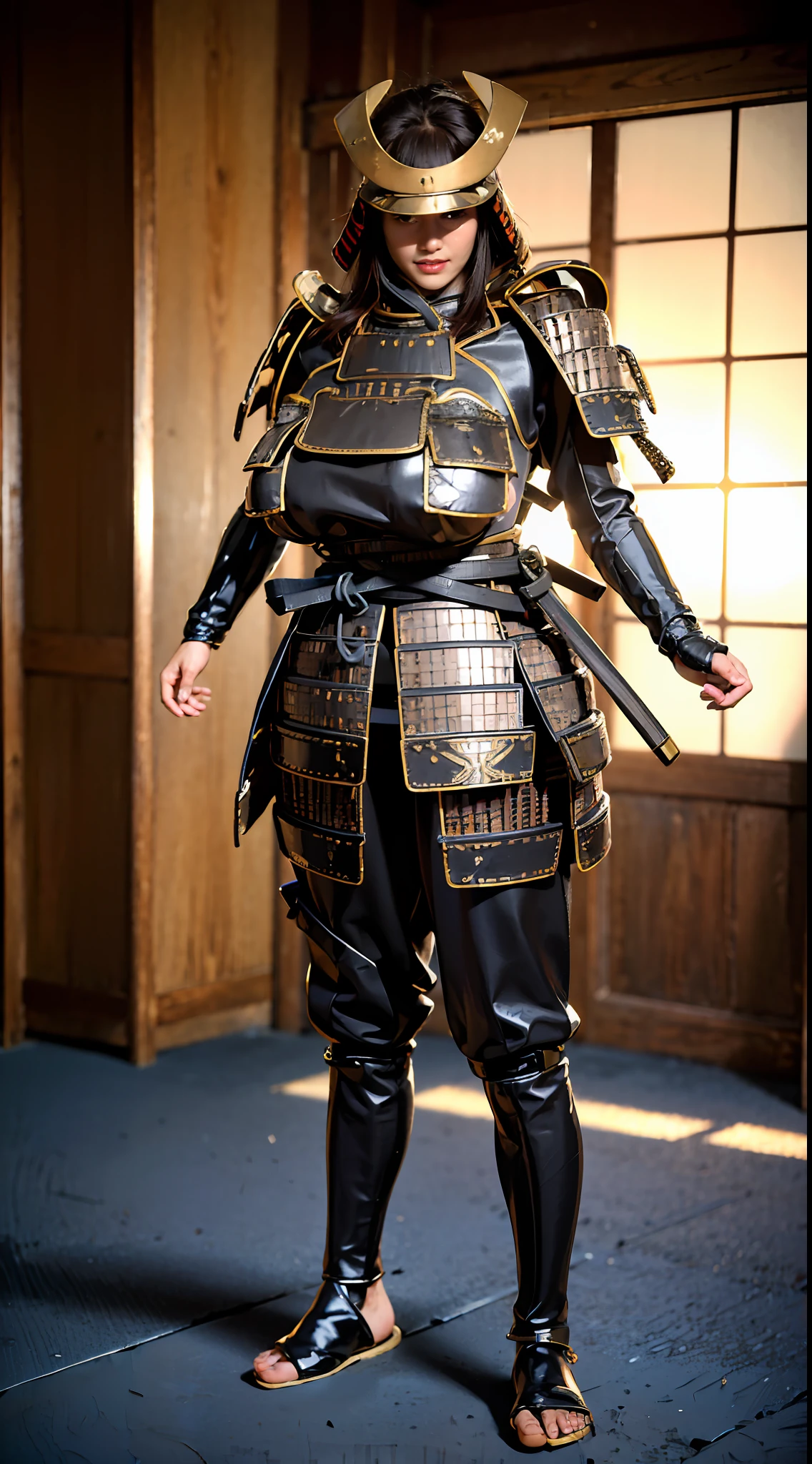 ((Unreal Engine 5)), Realistic Rendering, Excellent, (Full samurai armor), (breastplate armor), (Cloak), (samurai helm), looking on camera, standing on studio, beautiful face, makeup, CGImix, (photorealism:1.2), ultrarealistic uhd face, (huge fake boobs:1.4), (gigantic breasts:1.1), (muscle abs), (big butt), (wide hips), (thick thighs), slim waist, hourglass figure, half body, ((glowing skin)), ((shiny skin)), Realistic body, ((she is sexy body)), ((clean skin)), photorealistic, bokeh, motion blur, masterpiece, highres, 1080P, super detail, textured skin.