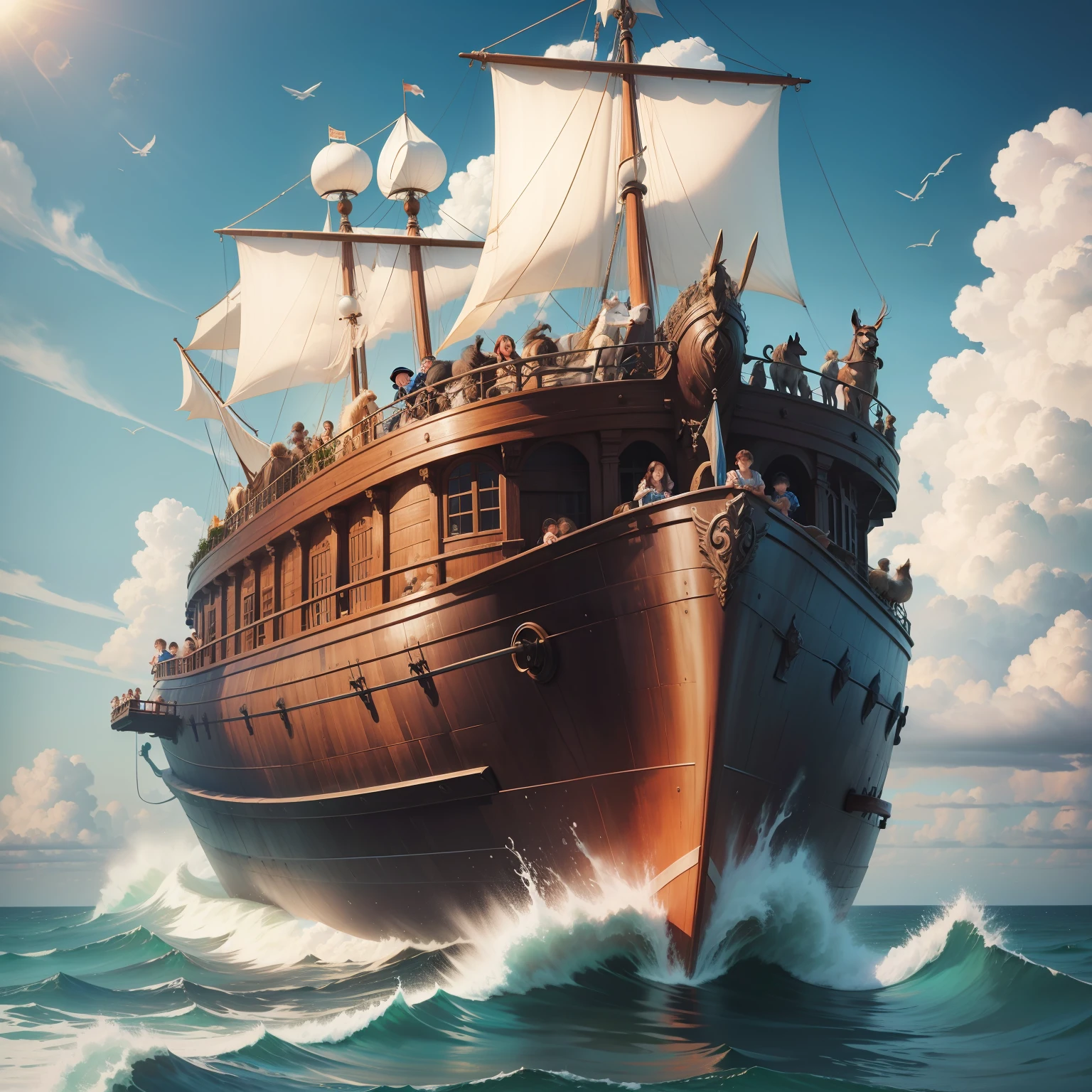 Noah's Ark with Noah and her children, os animais, A beautiful sea and a perfect sky;. realista
