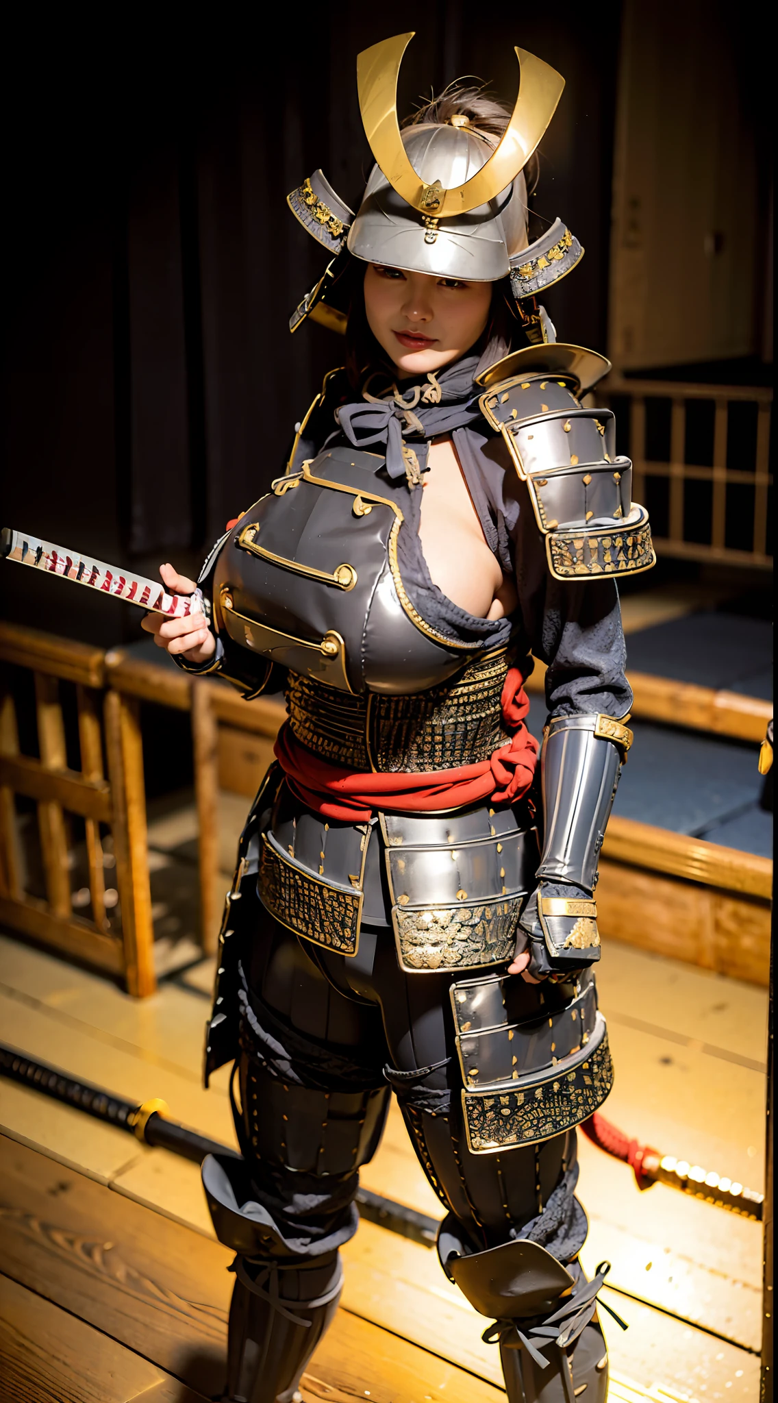 ((Unreal Engine 5)), Realistic Rendering, Excellent, (Full samurai armor), (breastplate armor), (Cloak), (samurai helm), looking on camera, standing on studio, beautiful face, makeup, CGImix, (photorealism:1.2), ultrarealistic uhd face, (huge fake boobs:1.4), (gigantic breasts:1.1), (muscle abs), (big butt), (wide hips), (thick thighs), slim waist, hourglass figure, half body, ((glowing skin)), ((shiny skin)), Realistic body, ((she is sexy body)), ((clean skin)), photorealistic, bokeh, motion blur, masterpiece, highres, 1080P, super detail, textured skin.