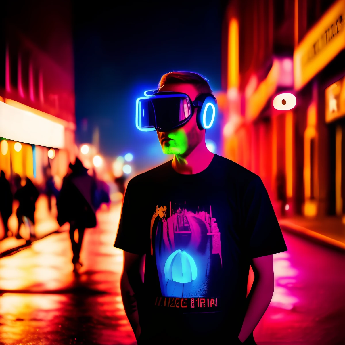 An award winning master piece photo of a cyborg man with psychedelic colors standing in a city street at night in the rain, wearing neon-colored glowing goggles, 8k, (high quality:1.1), (cinematic feeling:1.1), dark deep shadows, incredibly intricate detailing, art , (up close:1.1), from above, looking at viewer, (light sparkles:1.1), (chromatic aberration,:1.2) background with floating light artifacts