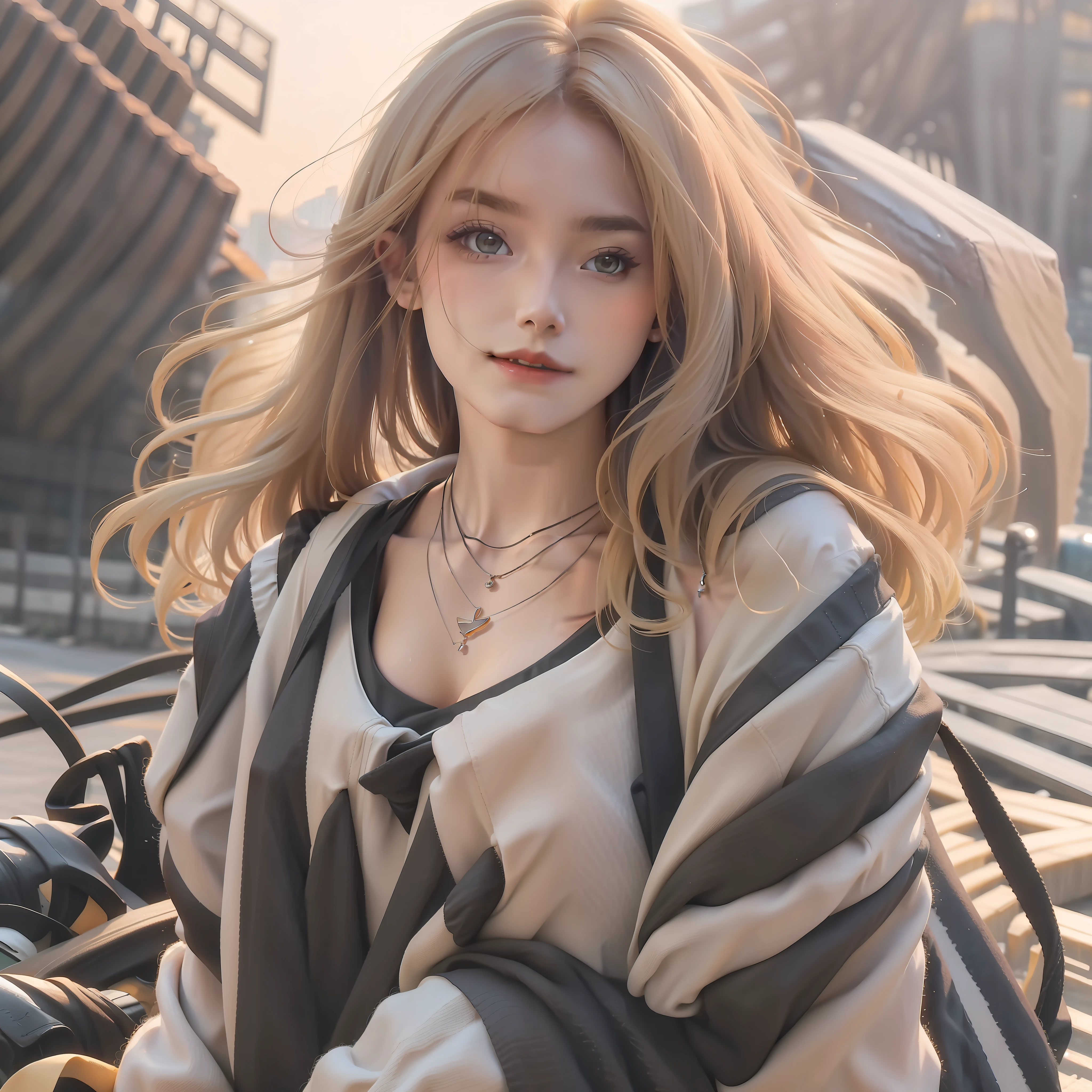 best quality, masterpiece, high_res, 1girl, solo, standard body, waterfall view, perfect upper body composition, professional pose, hair decoration, necklace, jewelry, beautiful face, on the body, Tyndall effect, realistic photo, dark studio, rim lighting, two-tone light, (high detail skin: 1.2), 8k uhd, dslr, soft light, high quality, volumetric light, straightforward, photo, high resolution, 4k, 8k, bokeh, big, (hair color: blonde: 1)
