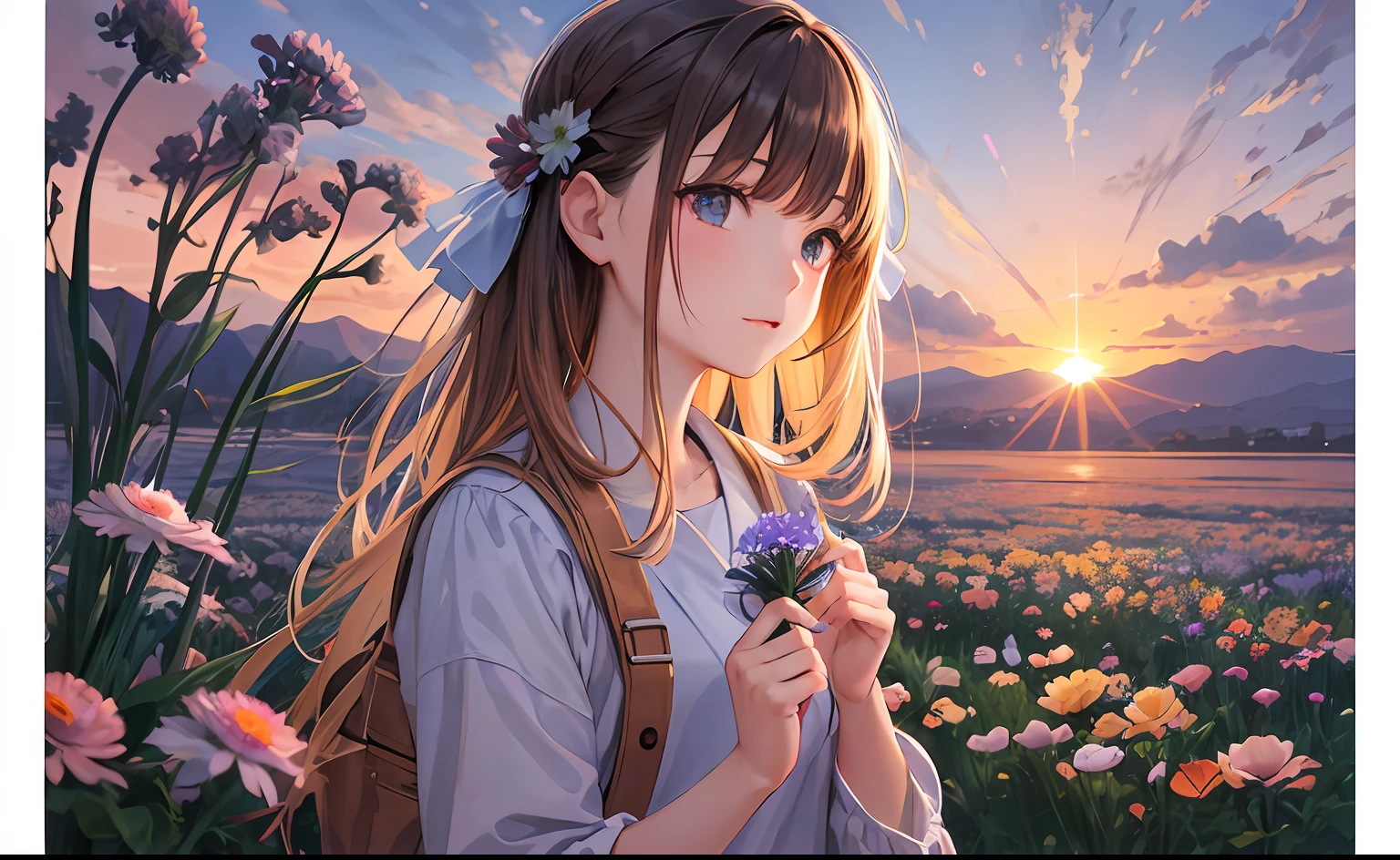 In the sunset、Girl looking at anemone flowers