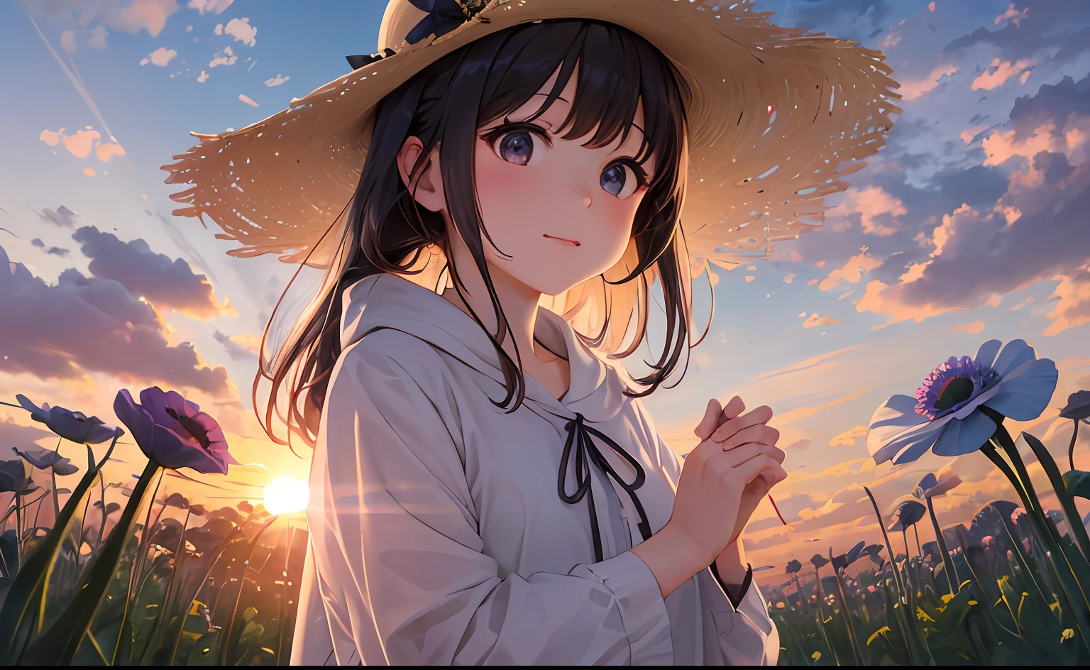 In the sunset、Girl looking at anemone flowers