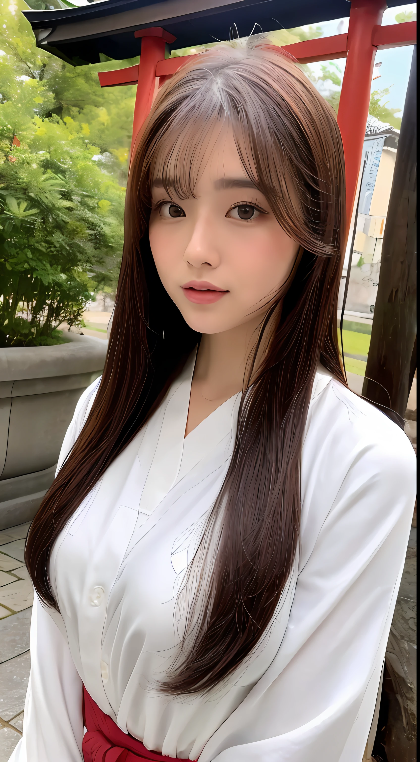 ((top-quality、8k、​masterpiece：1.3))、Crisp focus：1.2、Beautiful Women in Perfect Style：1.4、Shrine Torii、Miko clothes、red hakama、Slender abs：1.2、((Dark brown hair、huge tit：1.2))、(white  shirt:1.1)、Street:1.2、Highly detailed facial and skin texture、A detailed eye、二重まぶた、Fluffy breasts、de pele branca