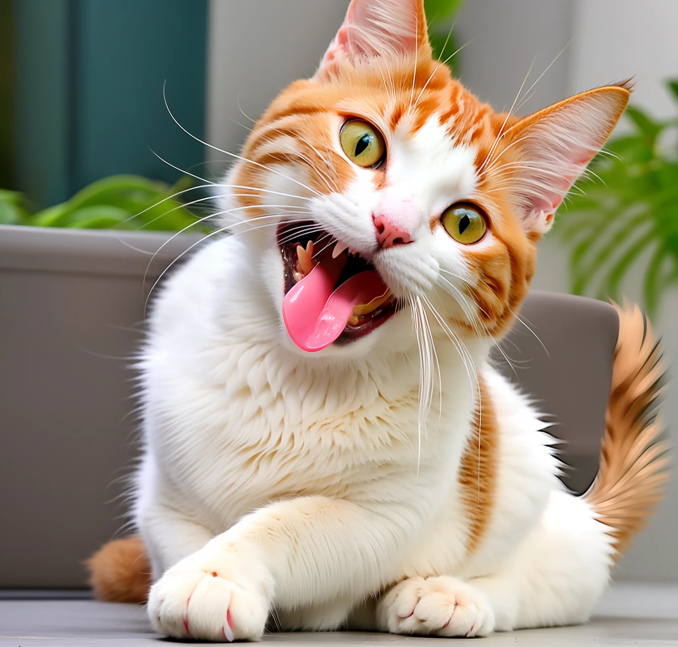 The cat is spitting out its pink tongue with its mouth open