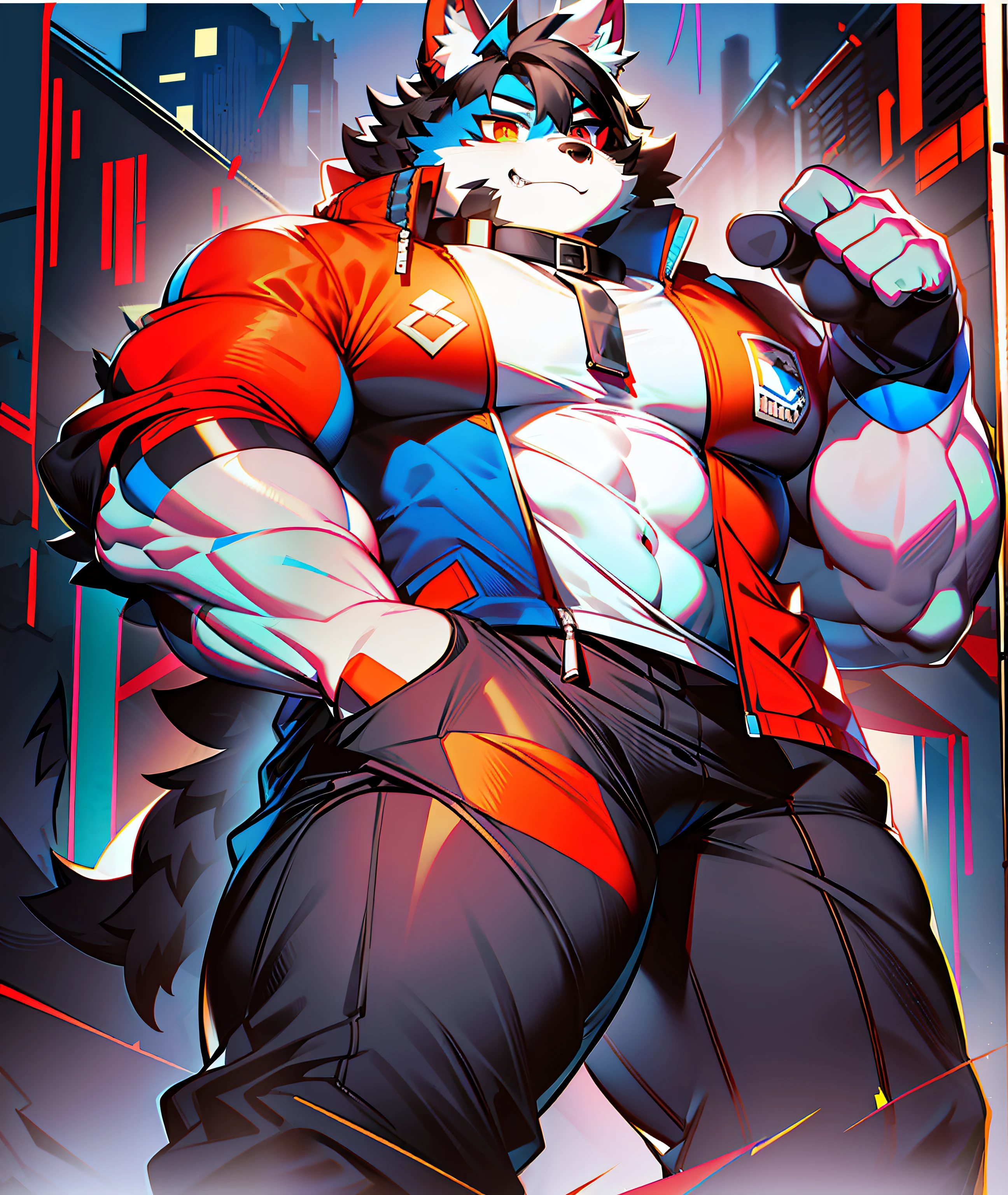 coyote，Furry，Blue pattern，Black hair，musculature，Muscle men，nakeness，Strong，ultraclear，Has a large ，Collar，Black  shorts，Black sclera，red pupils，Abs，Red coat，Heterochromic pupils，The erection，Collar，Has a large ，der riese，tit，Solo，Stout arms，Storm jacket，hold fists，Badge