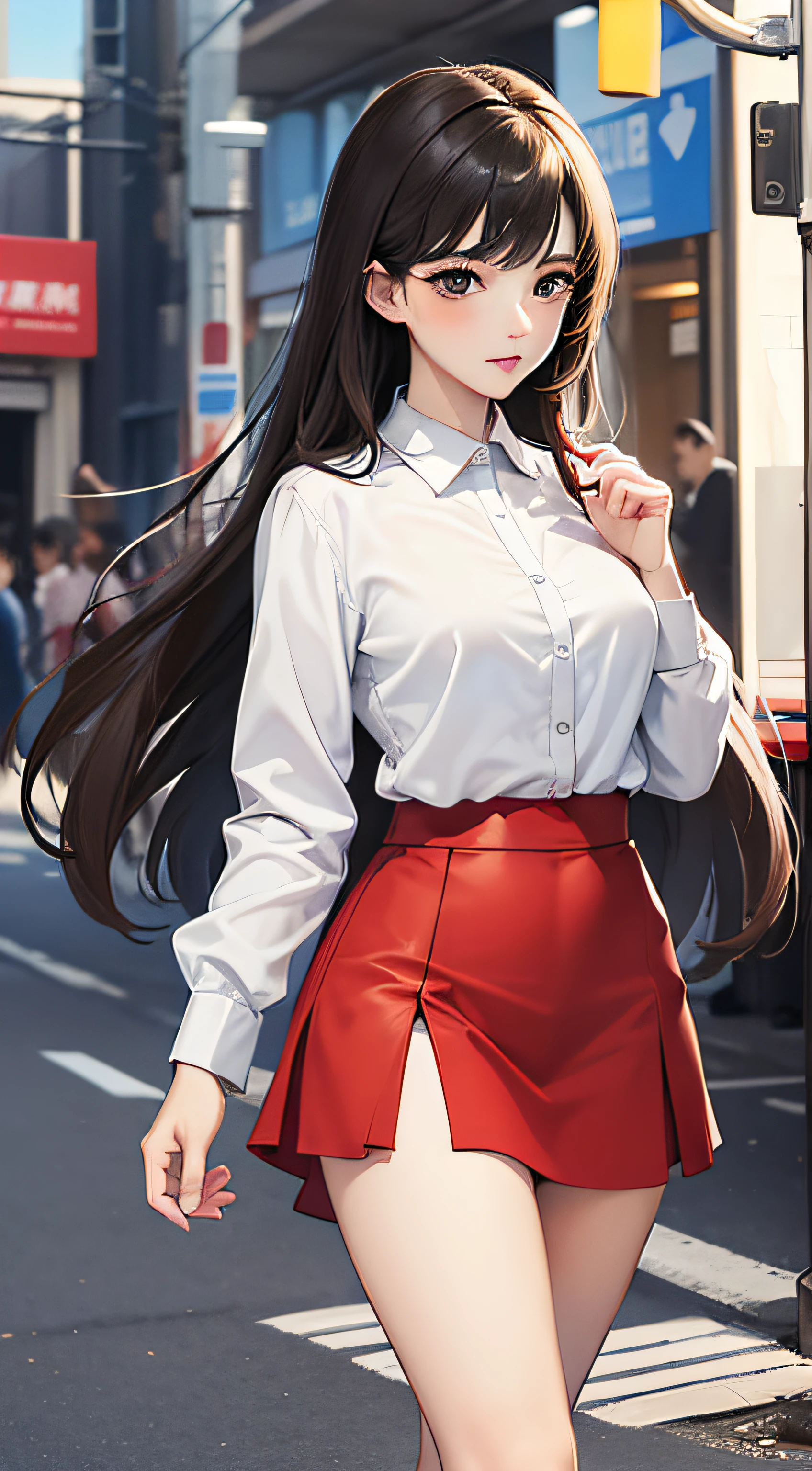 (Masterpiece:1.2, Best quality), (Intricate details) 1gril,Solo,(White shirt:1.4),（red micro skirt：1.3），Walk the streets of the city