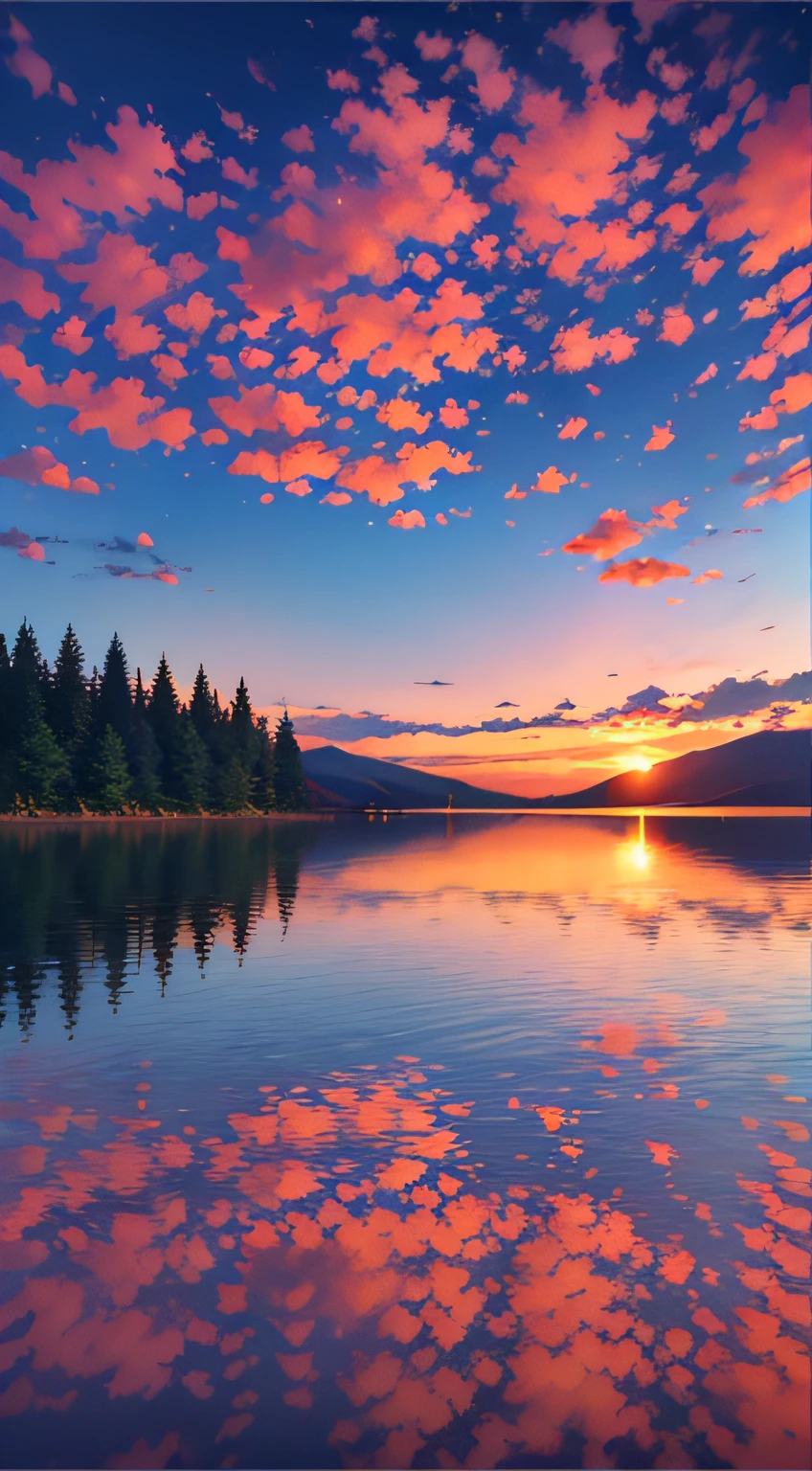 there is a beautiful sunset with a lake and trees in the background, colorful skies, surreal colors, colorful sunset, colorful sky, marvellous reflection of the sky, stunning sky, dream like atmosphere 8k, colorful clouds, colors reflecting on lake, surreal sky, red and blue reflections, fire reflection, beautiful sky, beautiful and spectacular dusk, beautiful dreamy landscape, amazing sky