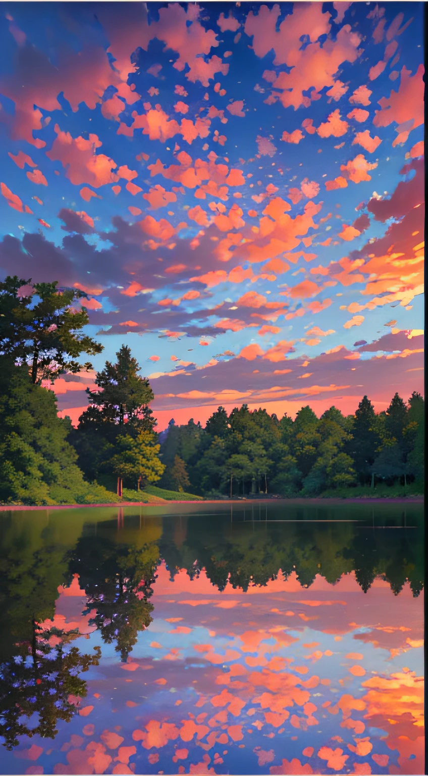 there is a beautiful sunset with a lake and trees in the background, colorful skies, surreal colors, colorful sunset, colorful sky, marvellous reflection of the sky, stunning sky, dream like atmosphere 8k, colorful clouds, colors reflecting on lake, surreal sky, red and blue reflections, fire reflection, beautiful sky, beautiful and spectacular dusk, beautiful dreamy landscape, amazing sky