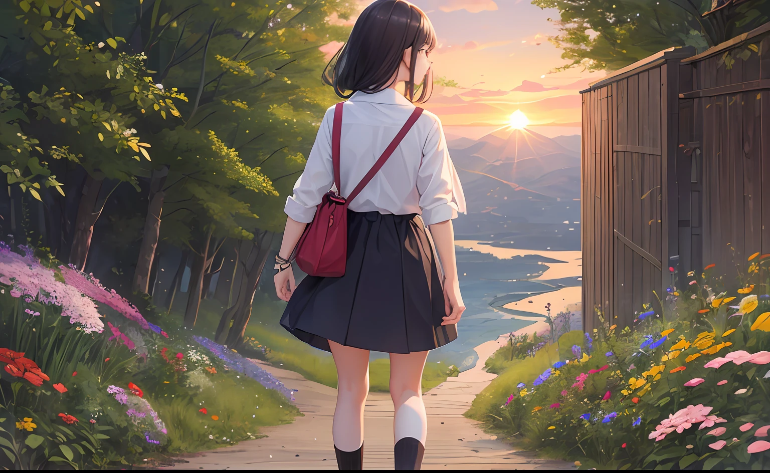 In the sunset、Girl looking at anemone flowers