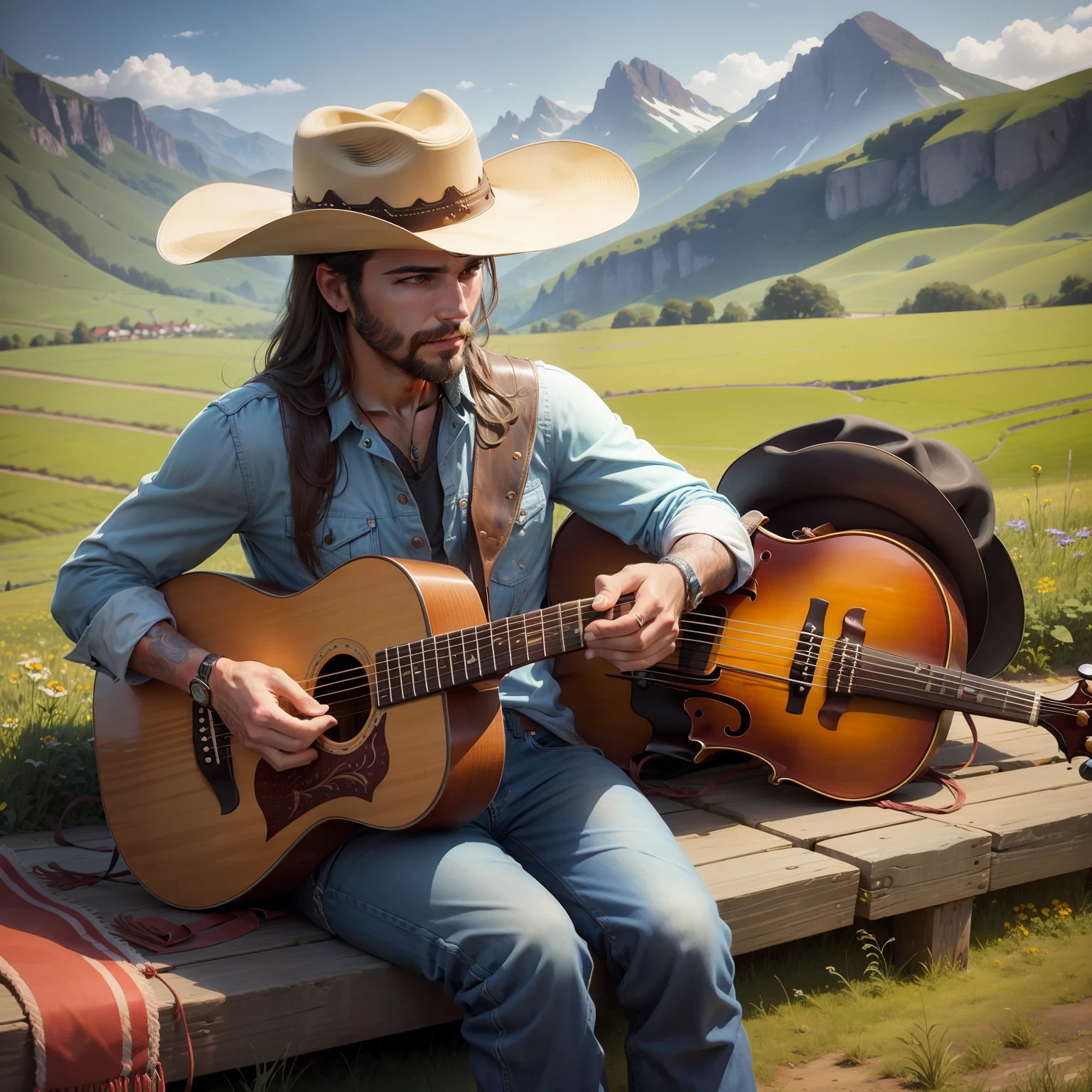 Describe the vivid image of a country singer, Dressed in a cowboy hat, dedilhando habilmente as cordas de uma viola de madeira, sitting in a field setting with mountains in the background.