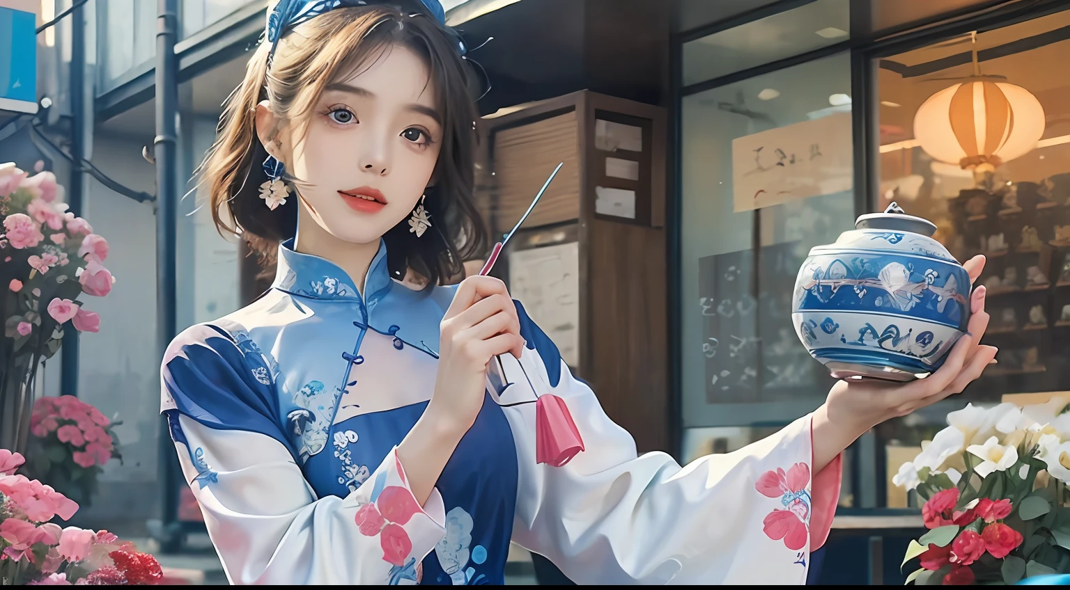 (masutepiece, of the highest quality, Best Quality, Official art, Beautiful and aesthetic:1.2), (Beautiful girl wearing vintage blue stand:1.3), Extremely detailed,(Fractal Art:1.1),(Colorful:1.1)(Flowers:1.3),highest details,(Zentangle:1.2), Street, Cyberpunk, (Traditional Vietnamese Aodai City:1.2), (Shiny skin), (Many colors:1.4), ,(earrings:1.4),