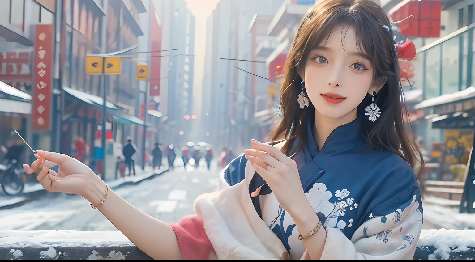 (masutepiece, of the highest quality, Best Quality, Official art, Beautiful and aesthetic:1.2), (Beautiful girl in vintage blue stand:1.3), Extremely detailed,(Fractal Art:1.1),(Colorful:1.1)(Flowers:1.3),highest details,(Zentangle:1.2), Street, Cyberpunk, (Traditional Vietnamese Qingtai City:1.2), (Shiny skin), (Many colors:1.4), ,(earrings:1.4),It's snowing