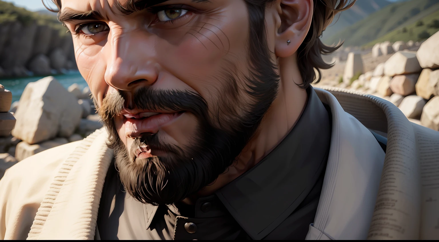 homem, velho, longa barba branca, pastor, campo, gramados, cajado, pedras, sentado nas pedras, ovelhas , Biblical man, contador de historia, alta qualidade de imagem, rosto bem formado, let man appear whole