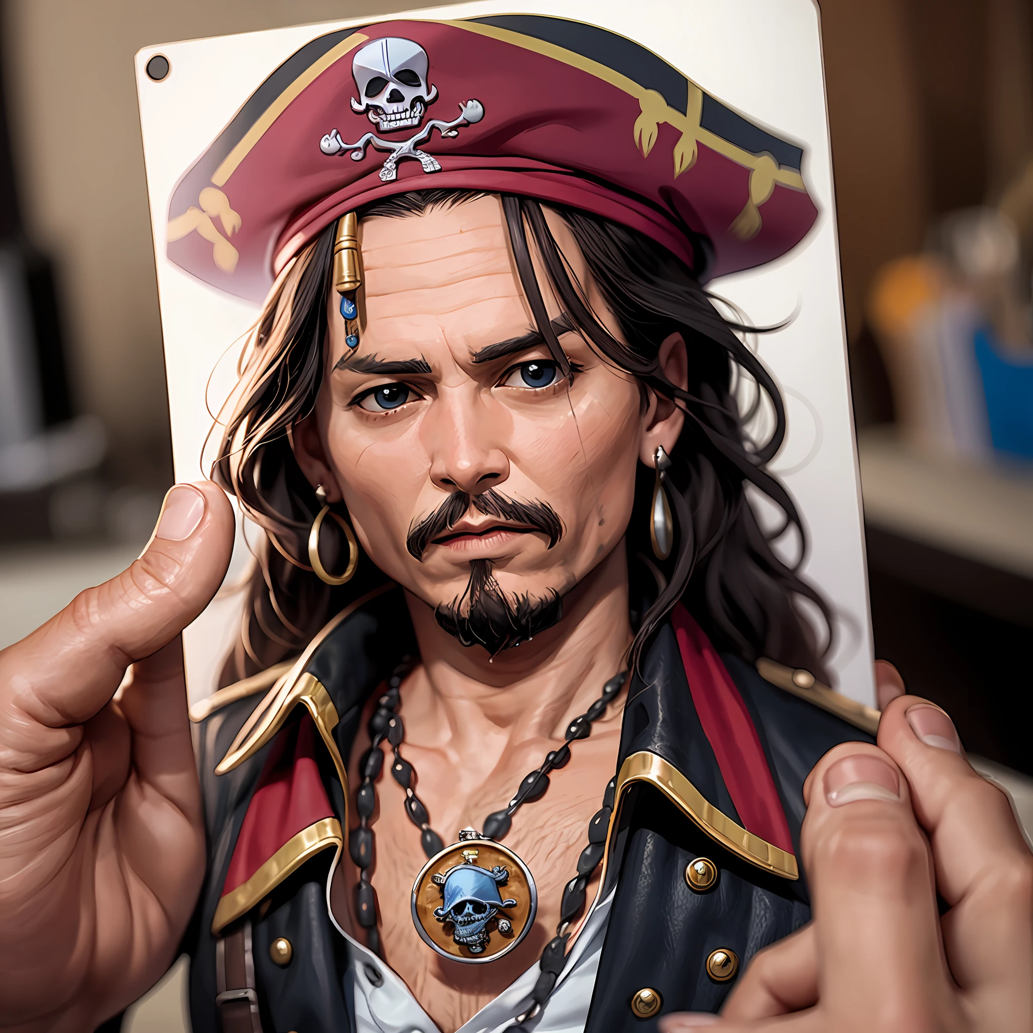 {{A mini funko pop of Johnny Depp portraying Jack Sparrow}}, set in the Pirates of the Caribbean movies. --auto --s2