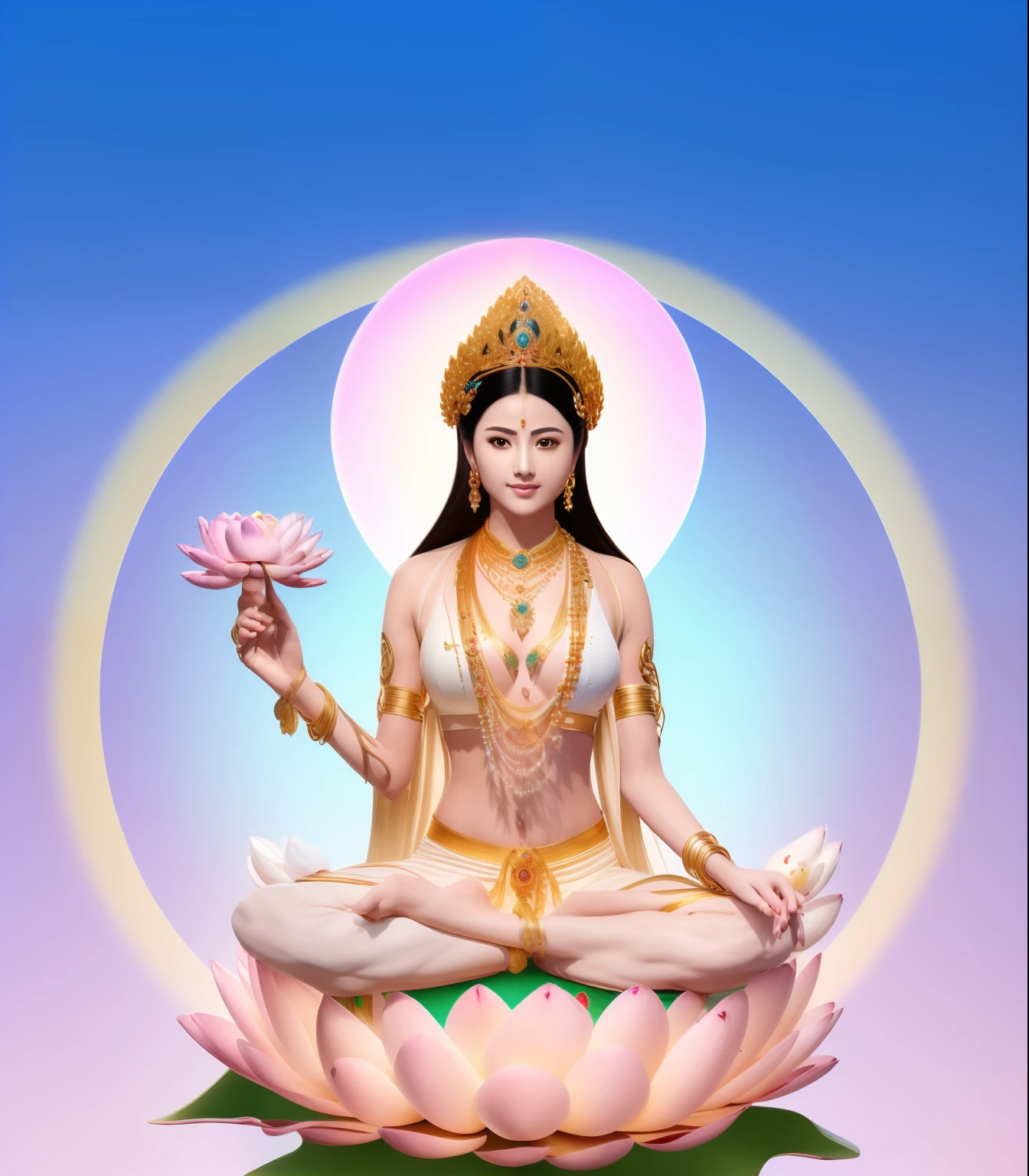 Beautiful woman sitting on a lotus，Wearing a delicate gold crown，beautiful countenance，Pinch the flower stem with one hand，Barefoot on both feet，（primitive：1.2），（realisticlying：1.4），（Sharpness：1.2），16 yaers old，(((body high：1.5))),（（（Gemstones refract dazzling light））），（Abs：0.7），（glute：1.2），(Healthy green skin， Thin skin， seductiveexpression， 二重まぶた，Jelly textured lips， Glowing lips，Small upturned lips，There is an eye in the middle of the forehead，((Fold over a light yellow bra))，Shiny skin，(((Detailed skin texture)))，Real pores，ctextured skin，（Wear gemstones，choker necklace，Yingluo，pearls，hisui，amber，），（Dynamic hair，Hair hanging down the shoulders，Beaded hairpins，Nobile，），eyes looking at the lens，The sky behind your head is illuminated by a circle of light，The background is blue sky，with blue sky and white clouds， High quality detailing， exquisite detailing，Cinematic lighting，,absurderes, unbelievable Ridiculous, hugefilesize, ultra - detailed, A high resolution, The is very detailed，best qualtiy，tmasterpiece，illustratio，The is very detailed，CG，unified，8k 壁纸，Amazing Cleavage，finely detailled，tmasterpiece，(((dynamicposes)))， ((Correct anatomy)),(((Correct dissection))