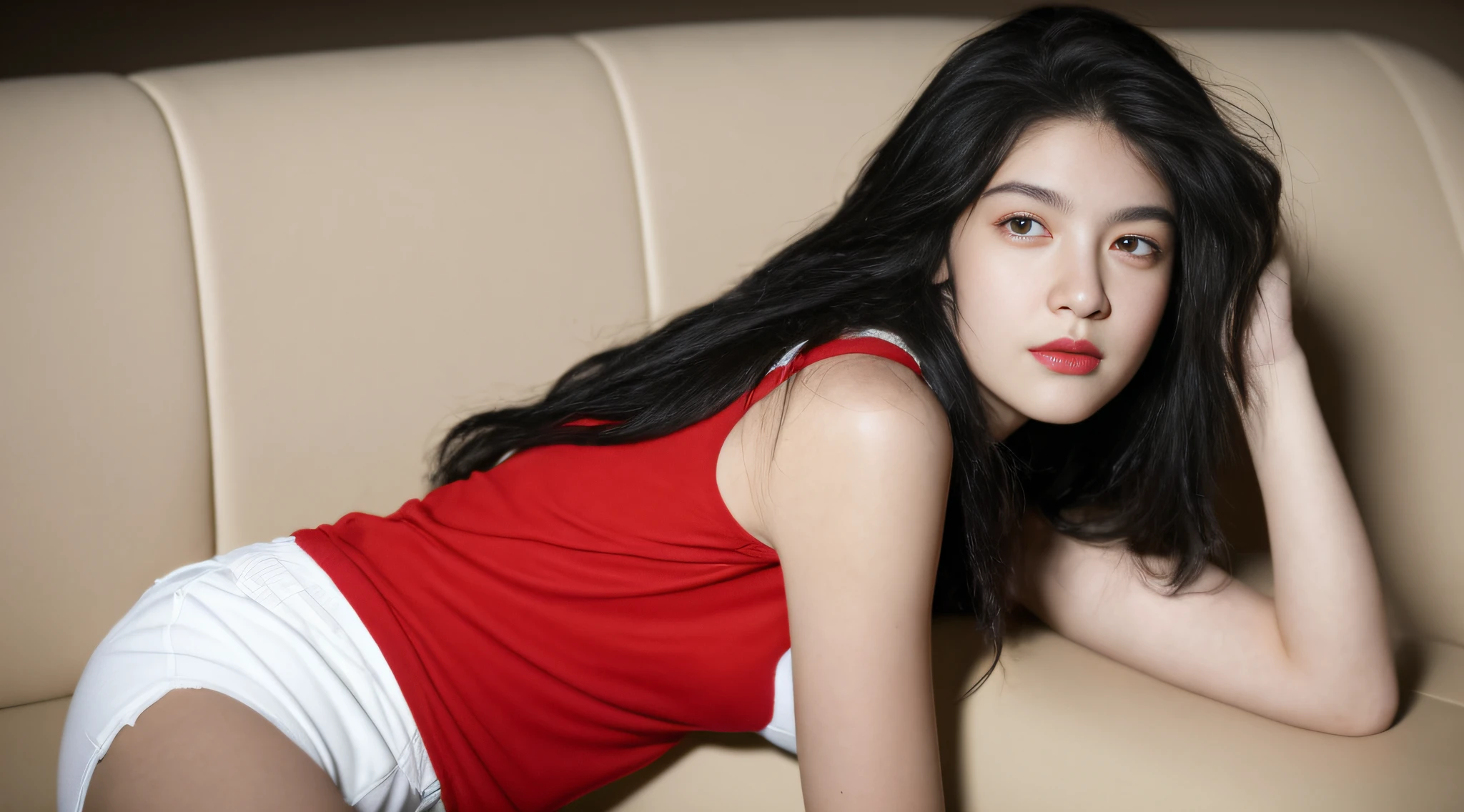 Ultra HD, masterpiece, highest resolution, highest detail, chiaroscuro, a young and beautiful woman, black hair, beautiful eyes, long eyelashes, human eye perspective, wearing a cream white top, red shorts, sitting on the sofa