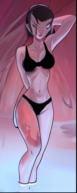 Frau in einem Schwarzen Bikini, steht im Wasser, white skin, Perfekte Anatomie, kurze schwarze Haare, ein Arm hinterm kopf, ein arm hengend, Fels wand im Hintergrund, beleuchtet von unten, extrem attraktiv, Sexy pose (Digital Painting), best qulaity, Meisterwerk, Cinematische Beleuchtung, 4k, Ultra detailliert, ultra high resolution, ((Geschlossene Augen))