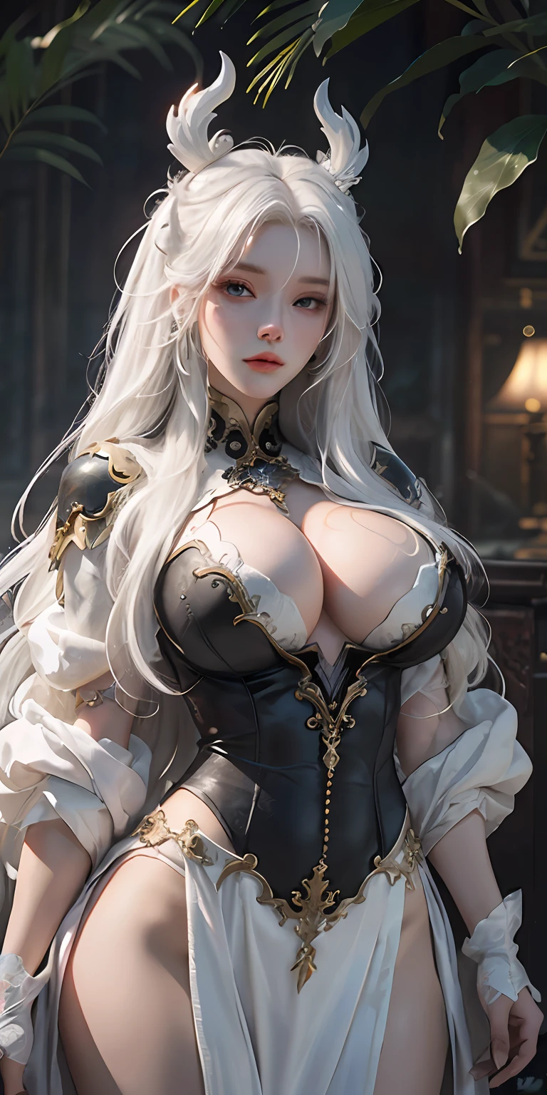 close-up of a woman with white hair and white mask，Belle peinture de personnage，Guviz，Guviz-style artwork，white-haired god，Yang J，Epic and beautiful character art，Stunning character art，FAN Qi，Wu Zhun Shifan，Guvitz at the Pixiv Art Station，finely quality eyes，Fine face，Fine eye quality，（delight，Be red in the face），gigantic cleavage breasts，Raised ，Get wet all over your body，Pose with your hips facing you，cleavage