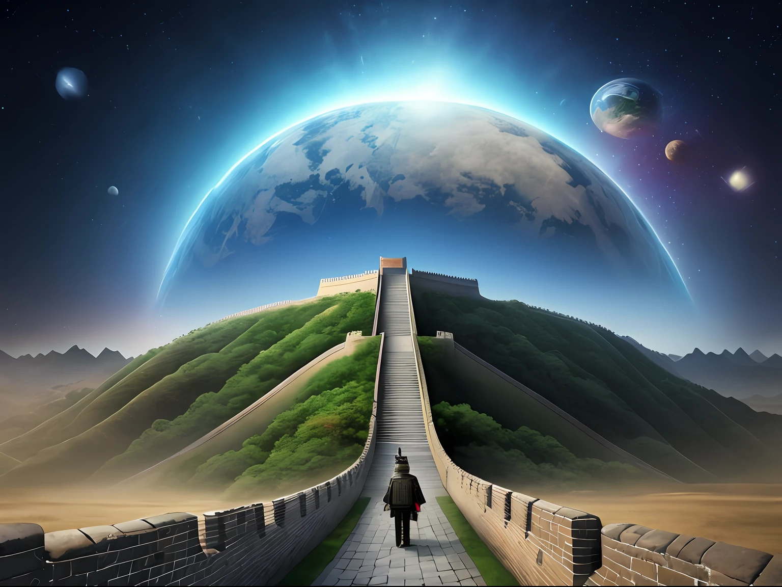 Depicts Qin Shi Huang marching toward the larger galaxy after unifying the solar system,The background is the Great Wall of Cyber and the electronic beacon