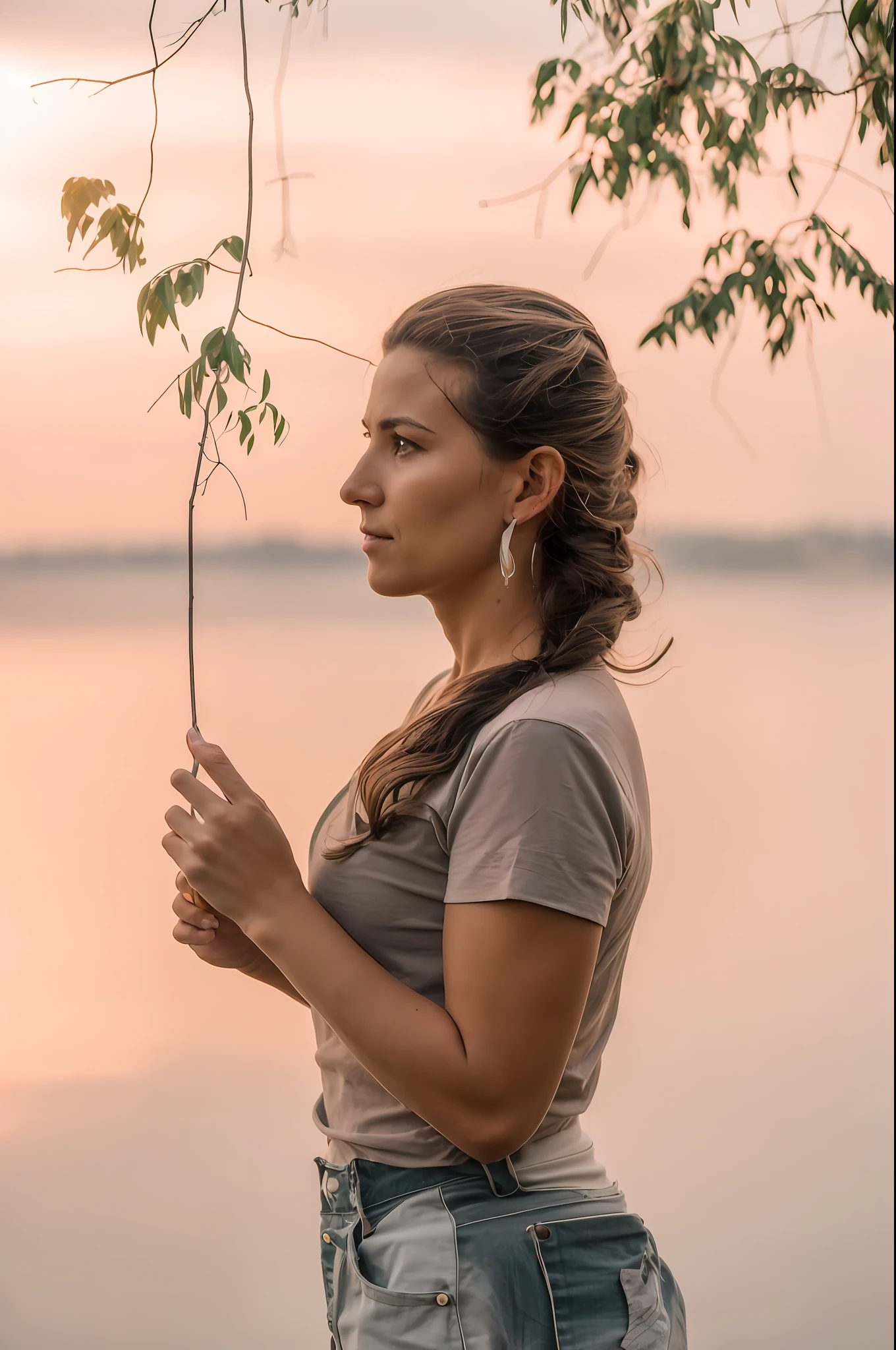 There's a woman standing at the water's edge holding a branch, imagens de retrato lateral, contemplativo, Foto de uma mulher, lost in thought, at sunset, Absorto em pensamentos, vista para o lago, Directed by: Jakob Gauermann, imagem retrato, with a tree in the background, pose pensativa, foto ainda, atencioso, pensive and hopeful expression, Candid portrait photo, contemplation