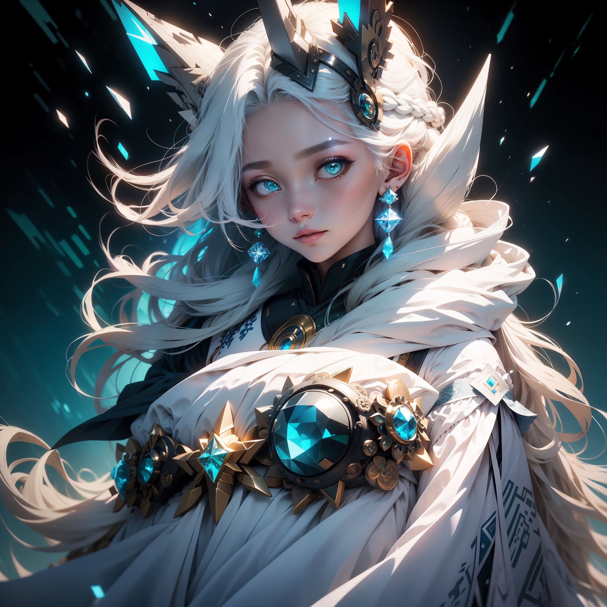18yo Girl,The white ears and tail of the snow fox,long white hair,There is a horizontal braid in front of the forehead,blue color eyes,Snowflake-shaped pupils,There are green gemstone earrings on the left ear,Tibetan costumes,longer sleeves,long skirt,jewelry,Quiet,Green,mature,quadratic element,Single full-length portrait,Refer to Angelina of the Ark of Tomorrow,Cute and lively,Blue is the main body