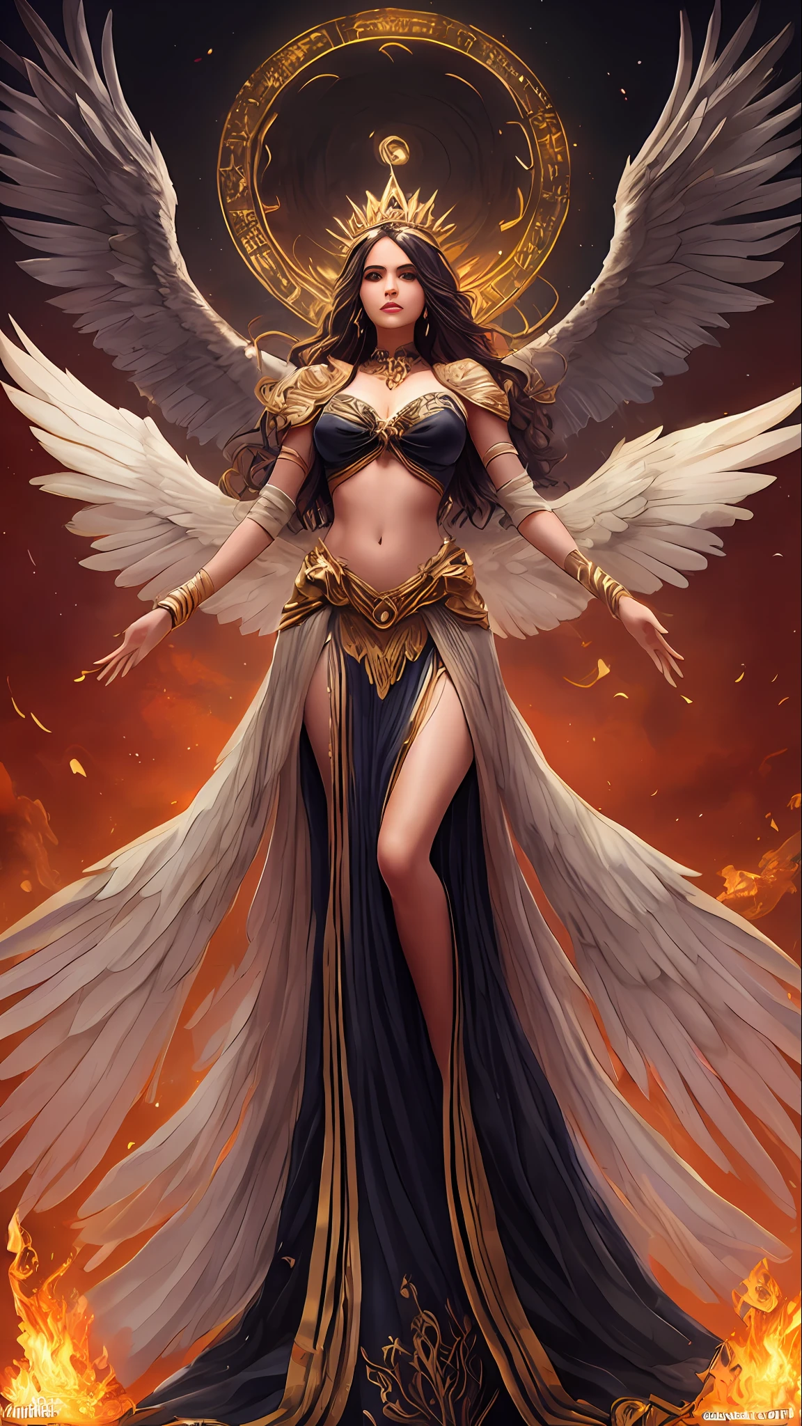 Una mujer con un vestido con alas y una corona en la cabeza, con ardientes alas doradas en llamas, full - body majestic angel, fantasy art behance, aparece como la diosa del fuego, Diosa de la ira, beautiful female angel, Immensely beautiful female angel, Diosa del Fuego, profundamente hermoso, Ganador del concurso CGSOCIETY!!, (face of Eiza González Reyna: actriz y cantante mexicana) Ganador del concurso CGSOCIETY!!!, Tendencia en art-station y concepto de arte, gran obra maestra,