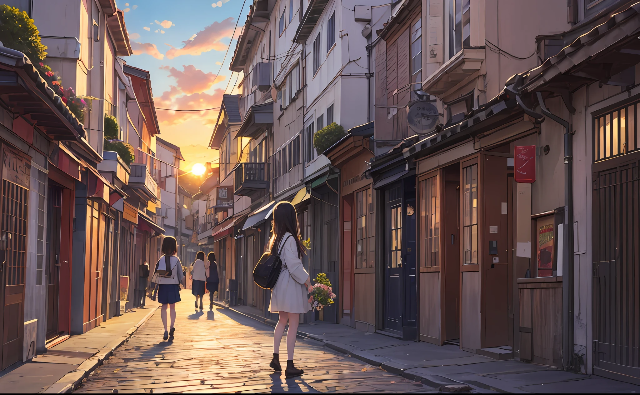 In the sunset、Girl looking at anemone flowers
