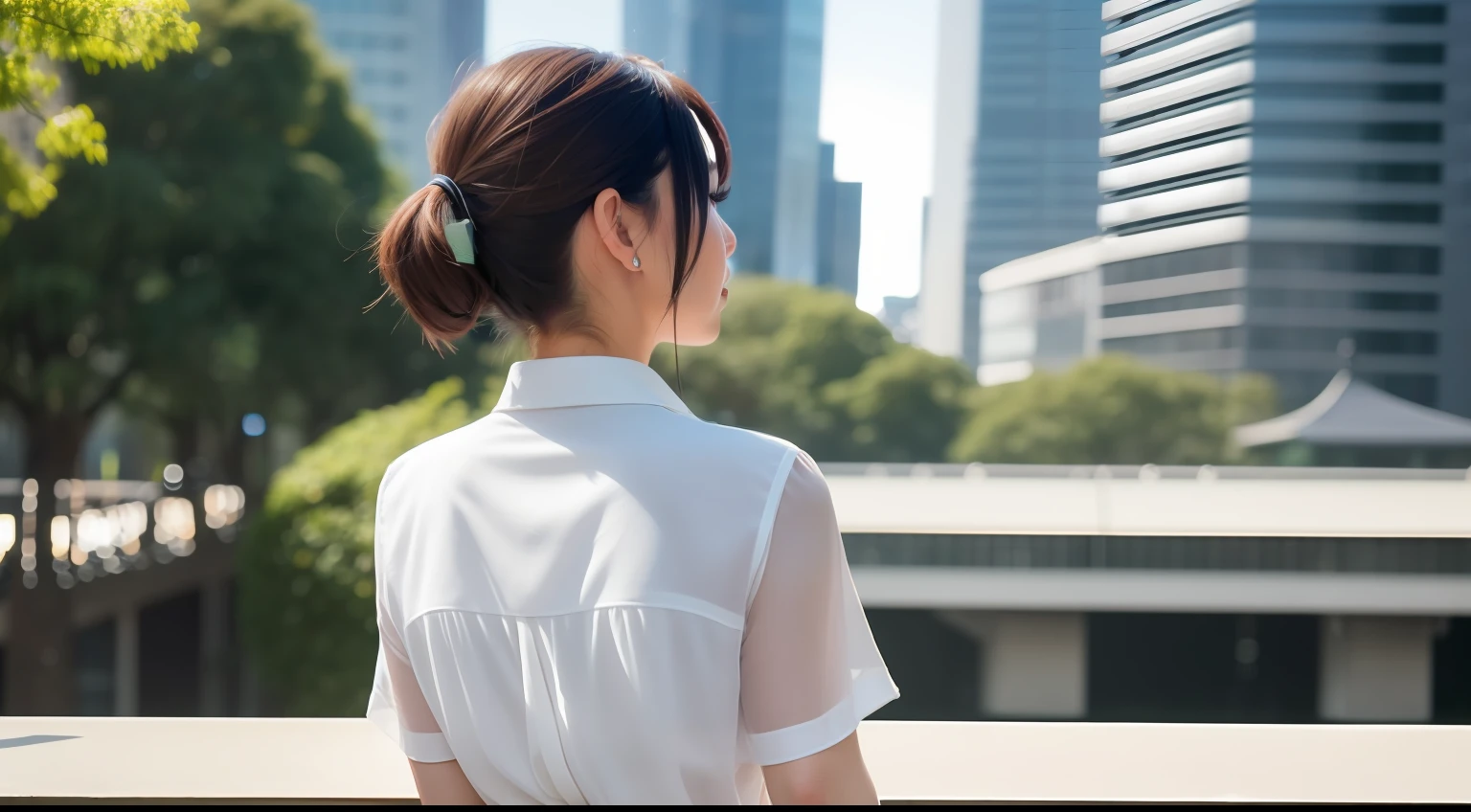 Best quality, Photorealistic, Masterpiece, 8K, A high resolution, Solo, 1girll, (((woman))), (Short hair), pony tails, (Professional lighting, Bokeh), fashionable and trendy atmosphere, Taiwan, park, ((Daytime)), (blouse :1.5), dress,Faraway view,Professional Dress,Back shadow,urban backdrop