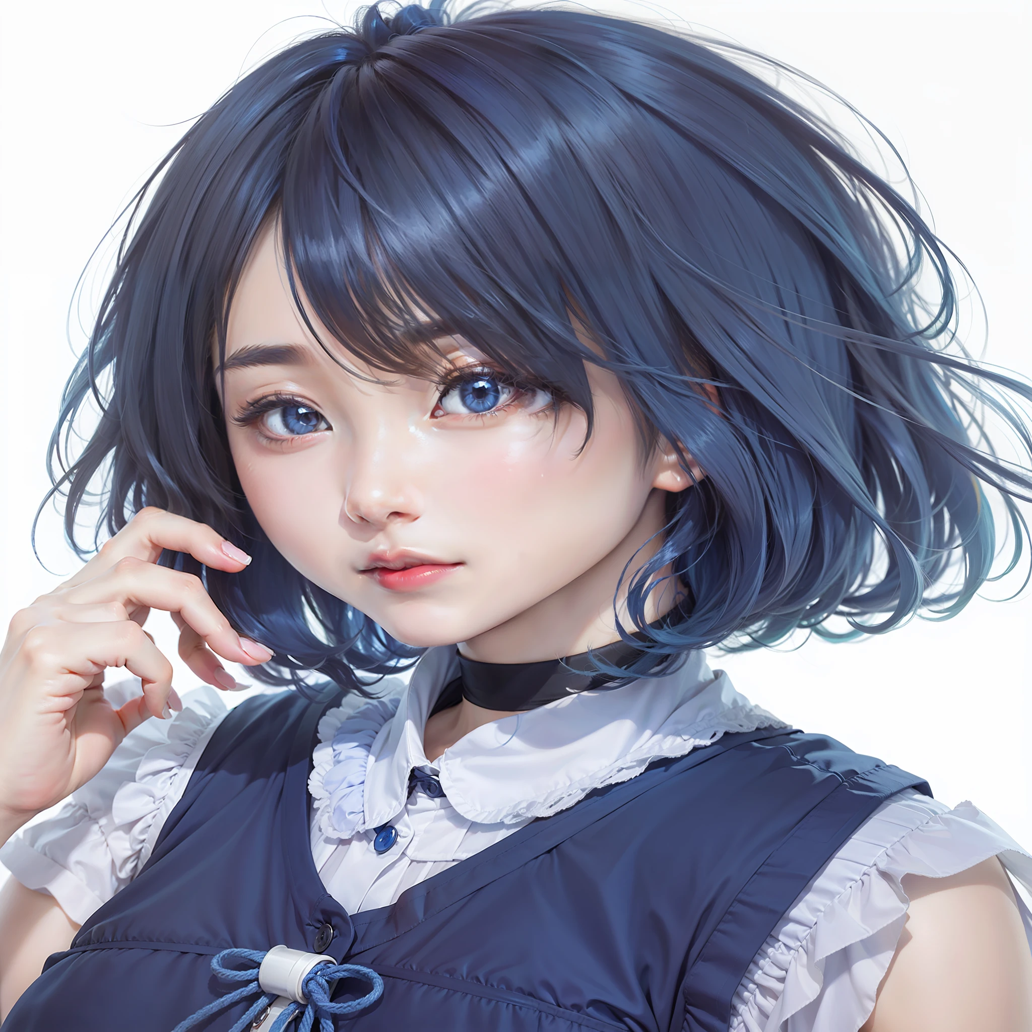 1 girls, Akane Kurokawa, vest blue , short hair , blue hair, realistic, ultra detail, 70mm lens