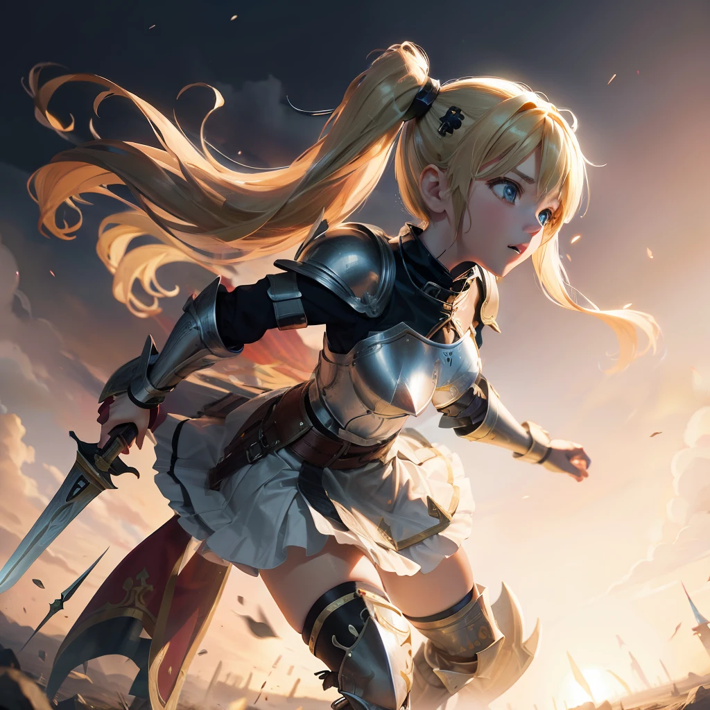 1 Girl Medieval style armor Battlefield with castle Battle scene Dual-wielding loli girl Blonde twintails ,Excited look, Full body shot , Wide Shot ,