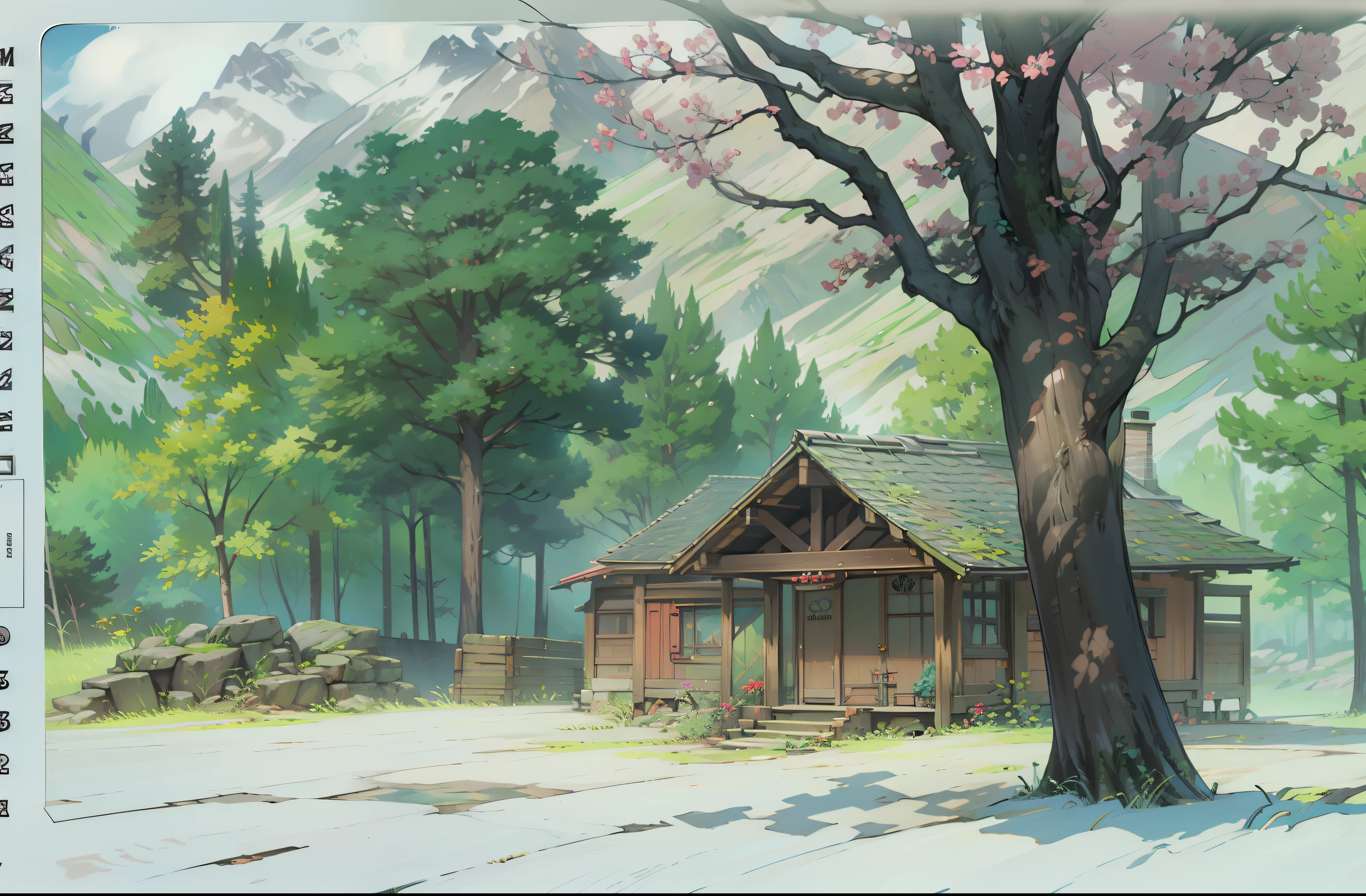 There is a house in the small forest and a big tree, comic book, comic drawing, digital art style, 8k resolution.