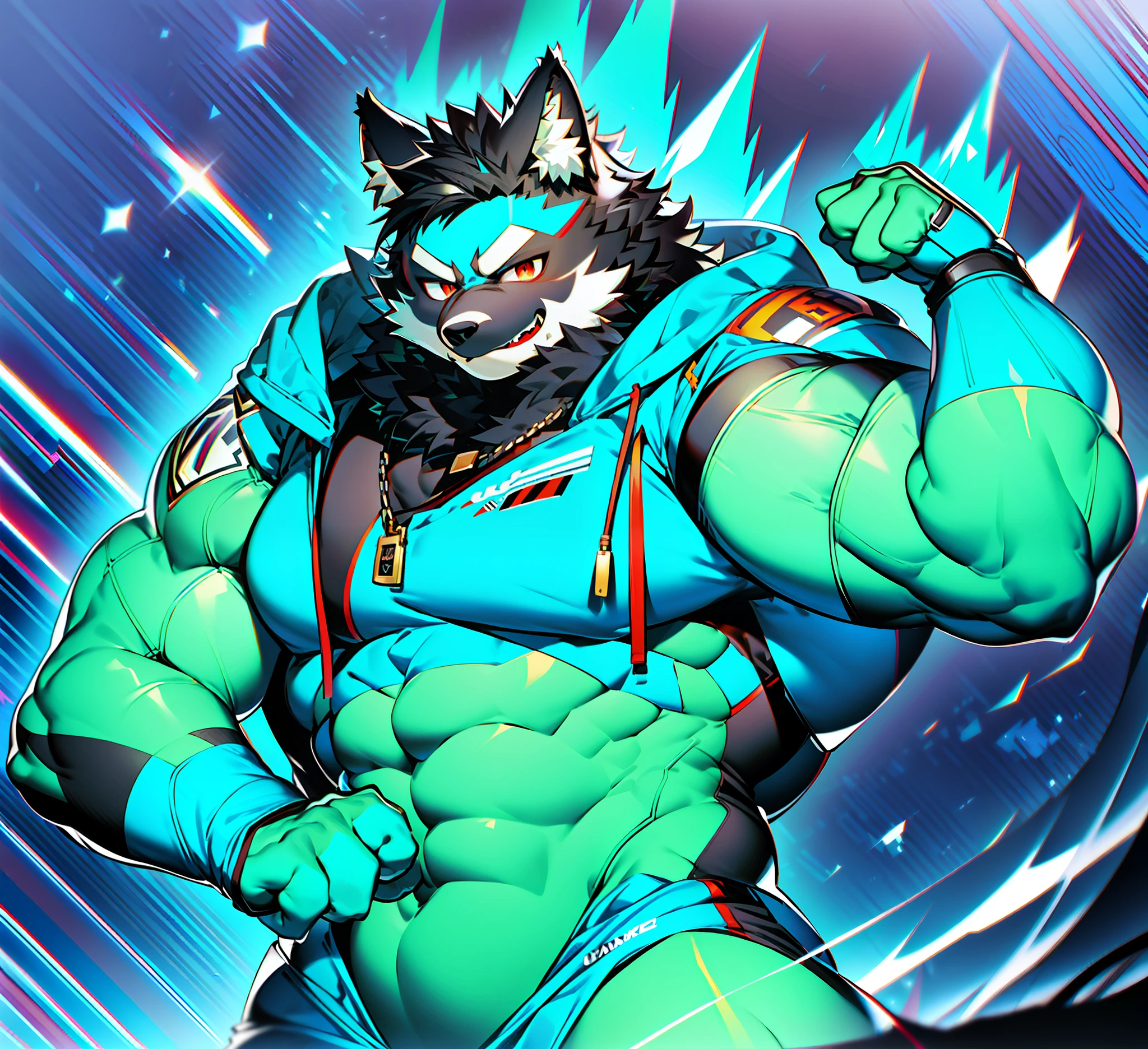 coyote,Furry,Dark blue pattern,Black hair,musculature,Muscle men,nakeness,Strong,ultraclear,Has a large ,Collar,Black shorts,Black sclera,red pupils,Abs,Red coat,Heterochromic pupils,The erection,Collar,Has a large ,der riese,tit,Solo,Stout arms,Storm jacket,hold fists,Badge,modern day