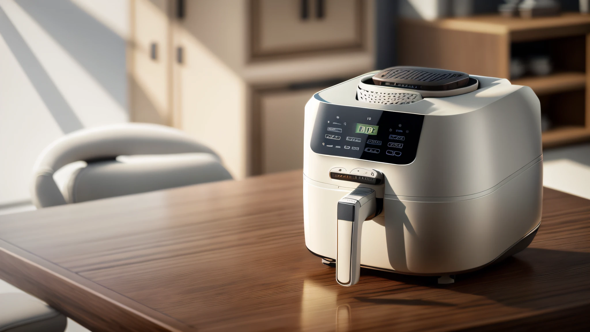 Air fryer placed on the table，Interior design of modern style, Realistic, Photorealistic, 8K, strong light on meeting table，Chiaroscuro, hyper HD, Best picture quality ,realisticlying，Foto realism，cupboard，Lens perspective blur，Bright lights，Realistic lighting
