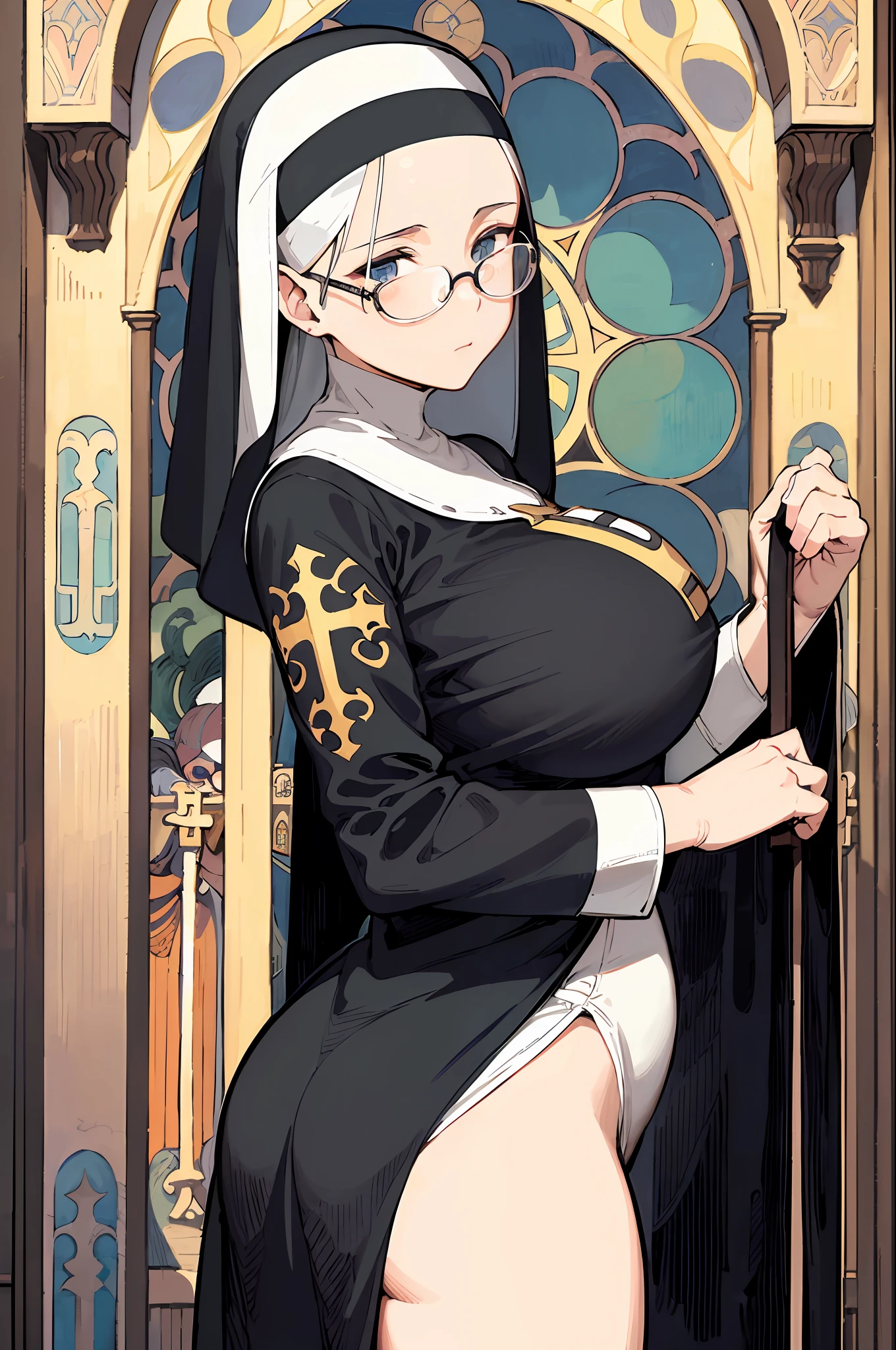 Portrait of a nun、short-haired、huge tit、Wearing glasses、A dark-haired、Church Frame、Decorative panel、abstract art、By Alphonse Mucha (masterpiece、top-quality、hight resolution: 1.4)、detaileds、intricate-detail、4K、color splashes、line-drawing、Fibonacci、