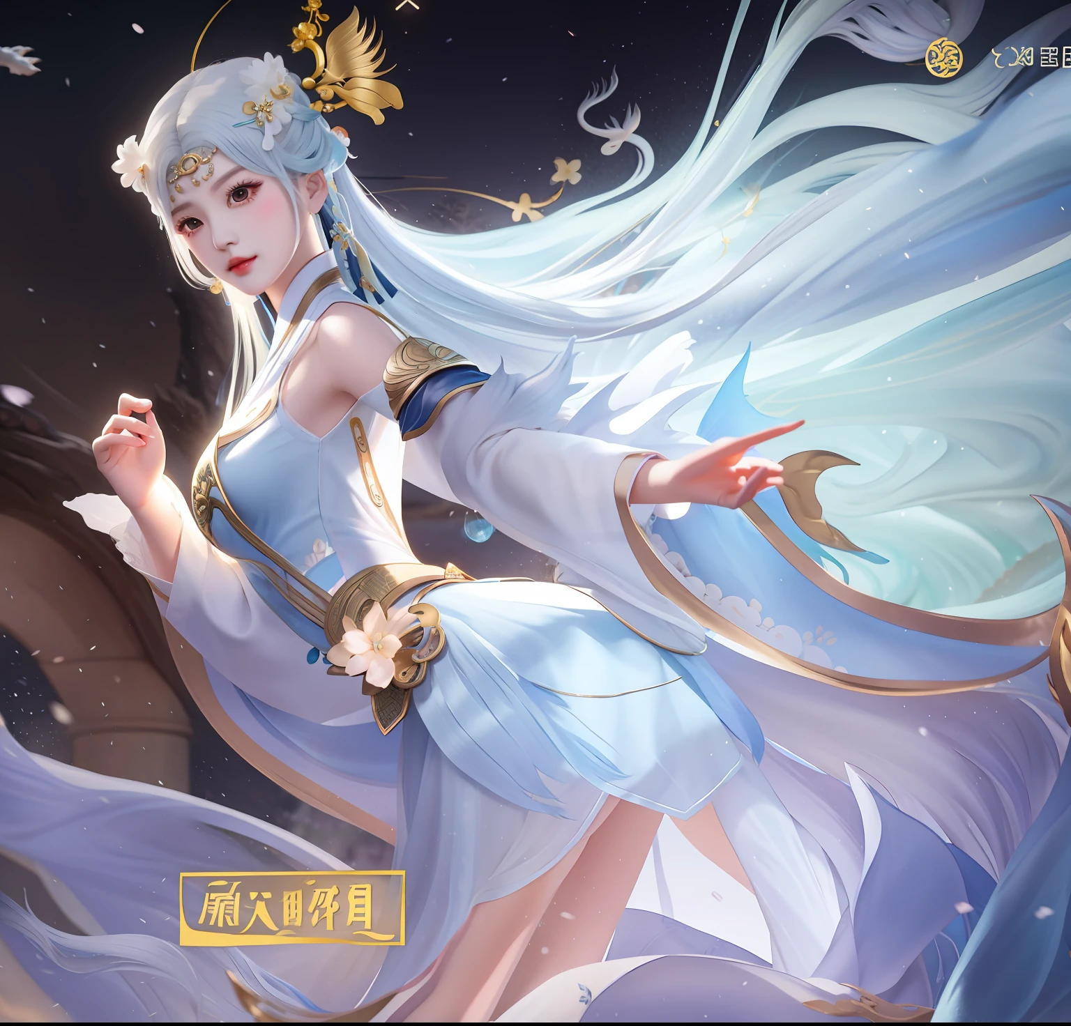Close-up of a man in a white dress, full-body xianxia, queen of the sea mu yanling, heise jinyao, inspired by Ju Lian, xianxia hero, Inspired by Lan Ying, Beautiful celestial mage, xianxia fantasy, inspired by Ma Yuanyu, white-haired god, inspired by Park Hua,Long legs,Cocked buttocks,Live cosplay,,,Superb image quality,