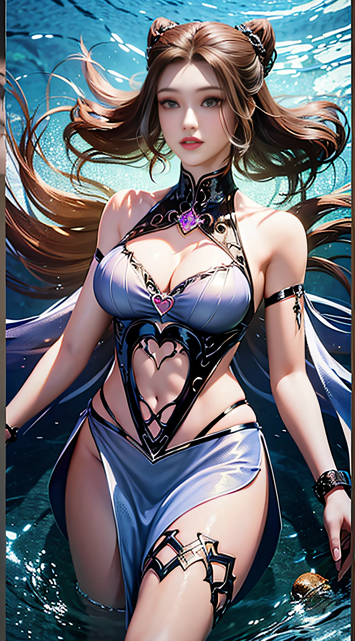 ((Dark light,top-quality,8K,tmasterpiece:1.3)),(In China,Casual theme,exteriors:1.5),Stand under the sea floor,(Beauty with slender abs:1.4),((Layered Hair Style)),((White color blouse:1.6)),((Short white lace skirt:1.3)),mediuml breasts,cleavage,Anatomically correct,Highly Detailed Face and Skin Textur, Whitens the skin,water elemental,Light element,Perfect body proportion,Epic composition,