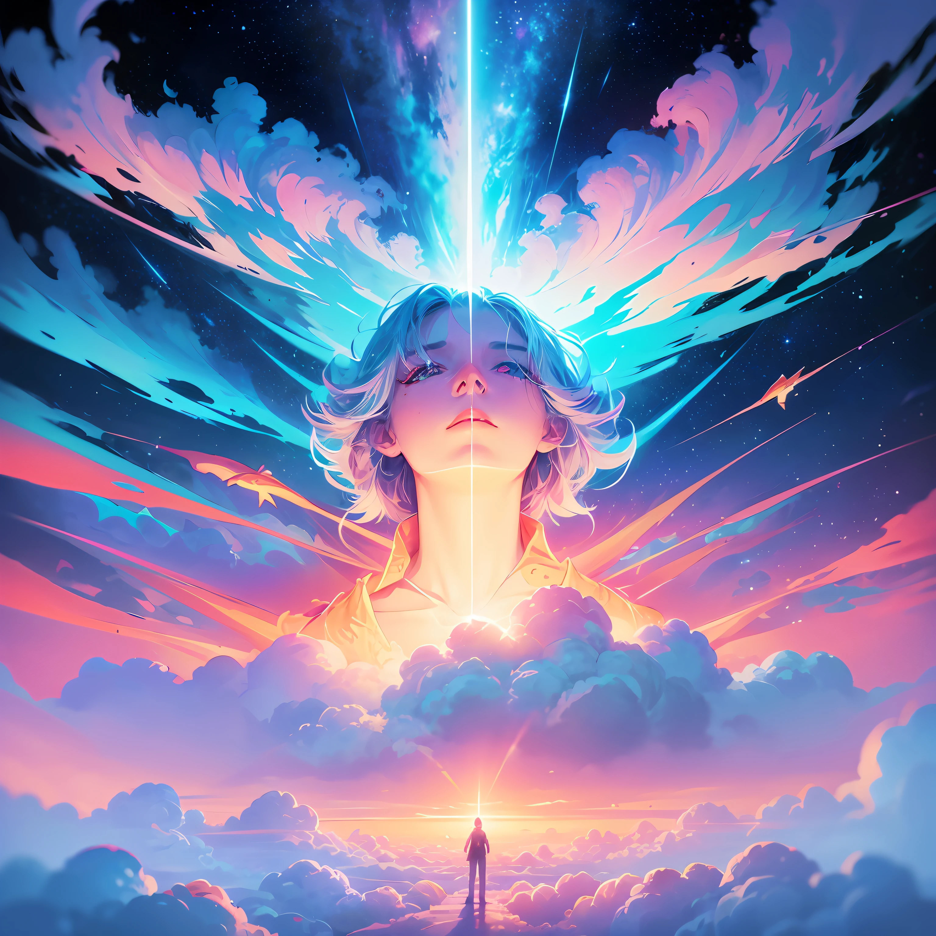 "Various characters ascended in clouds, awaiting your companions in heaven. Colorful sky with vibrant tones, luz suave, Amazing details and impressive quality." --auto